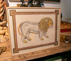 1970s Decorative Drawing of a Lion with a Classic Border