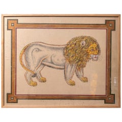 1970s Decorative Drawing of a Lion with a Classic Border