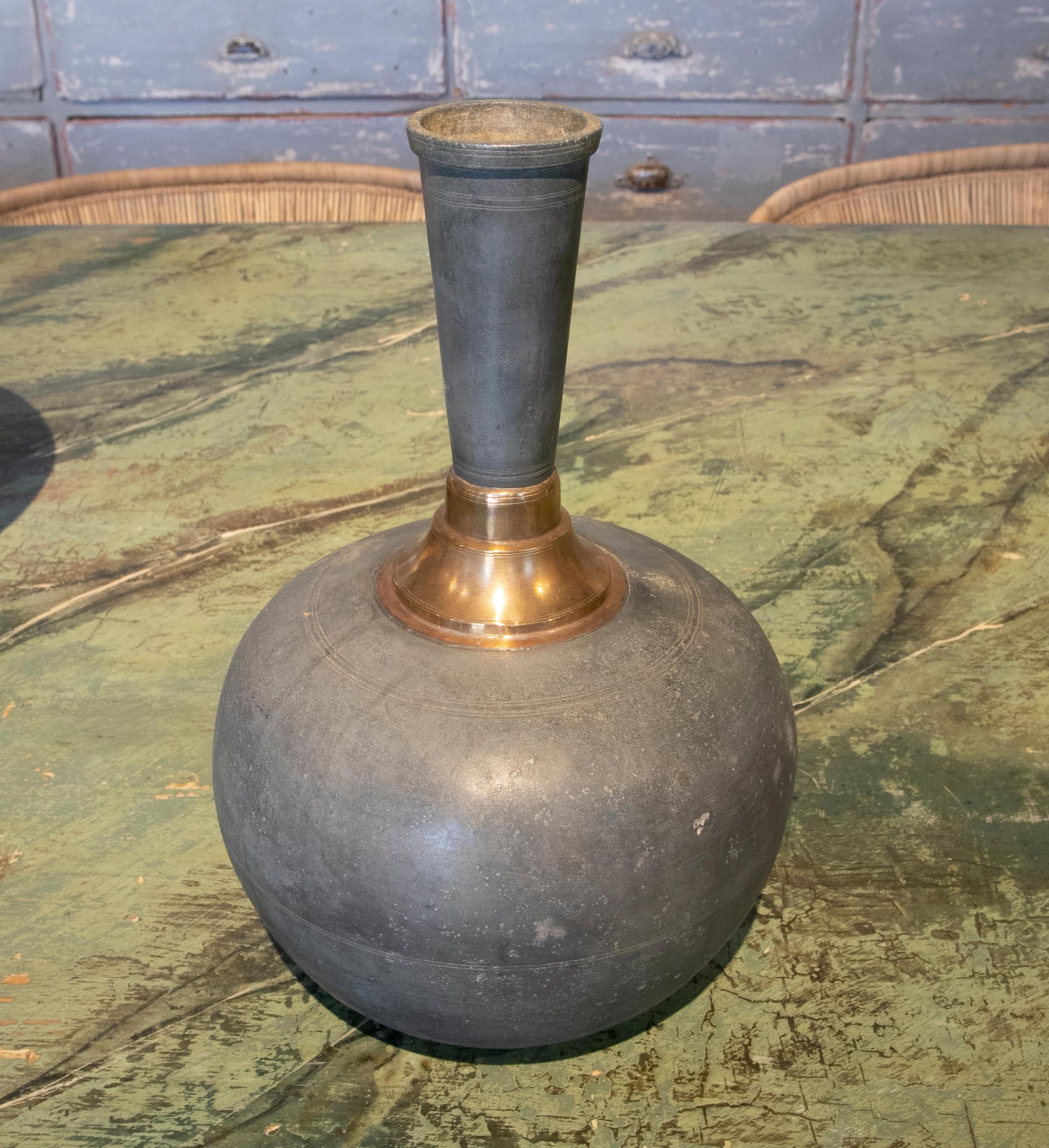 Spanish 1970s Decorative Metal Vase with Bronze Decoration