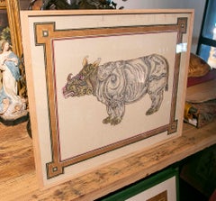 1970s Decorative Painting of a Rhinoceros “Rhinoceros Unicornis”