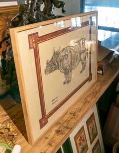 1970s Decorative Painting of a Rhinoceros “Rhinoceros Unicornis”