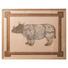 1970s Decorative Painting of a Rhinoceros “Rhinoceros Unicornis”