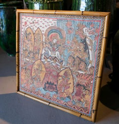 1970s Decorative Painting with Scenes of Malay Characters in Bamboo Frame
