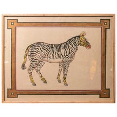 1970s Decorative Zebra Drawing with Classic Border Framed in Wood