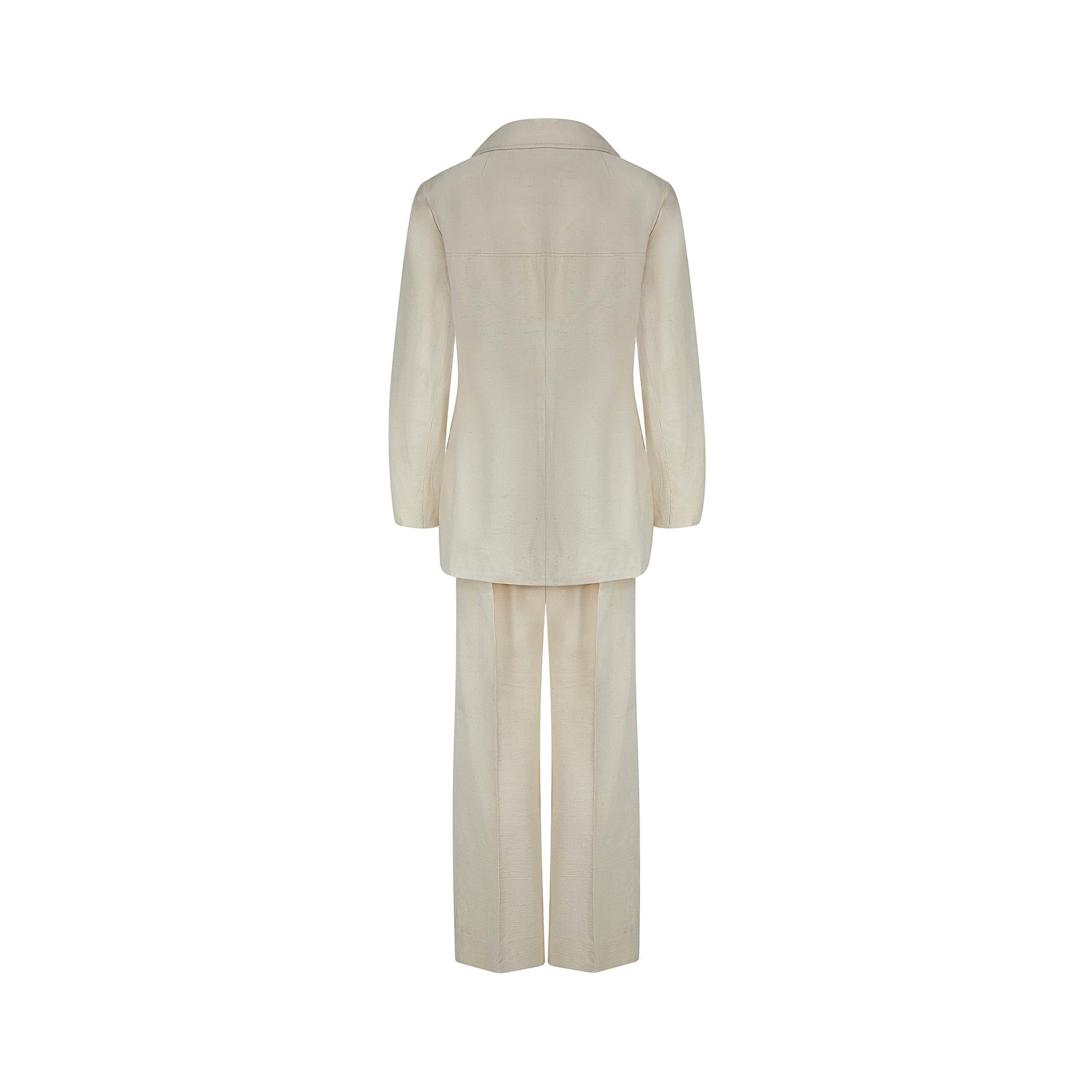 Beige 1970s Delmar Couture Raw Silk Safari Trouser Suit For Sale