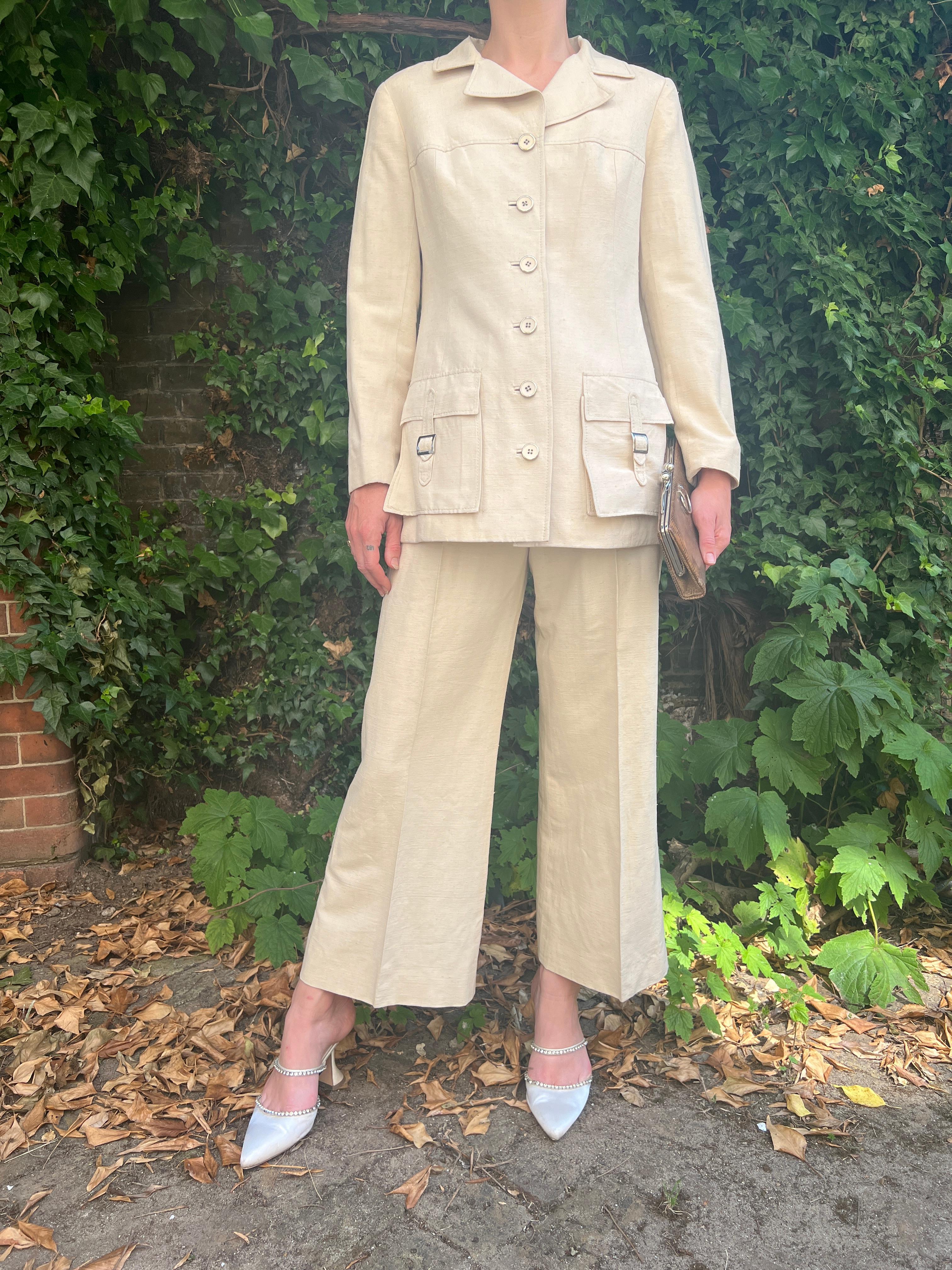1970s Delmar Couture Raw Silk Safari Trouser Suit For Sale 4