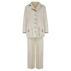 Abito pantalone Safari in seta grezza Delmar Couture degli anni '70