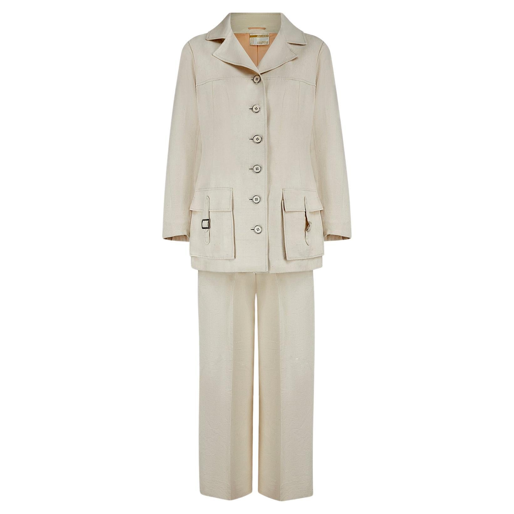 Abito pantalone Safari in seta grezza Delmar Couture degli anni 
70