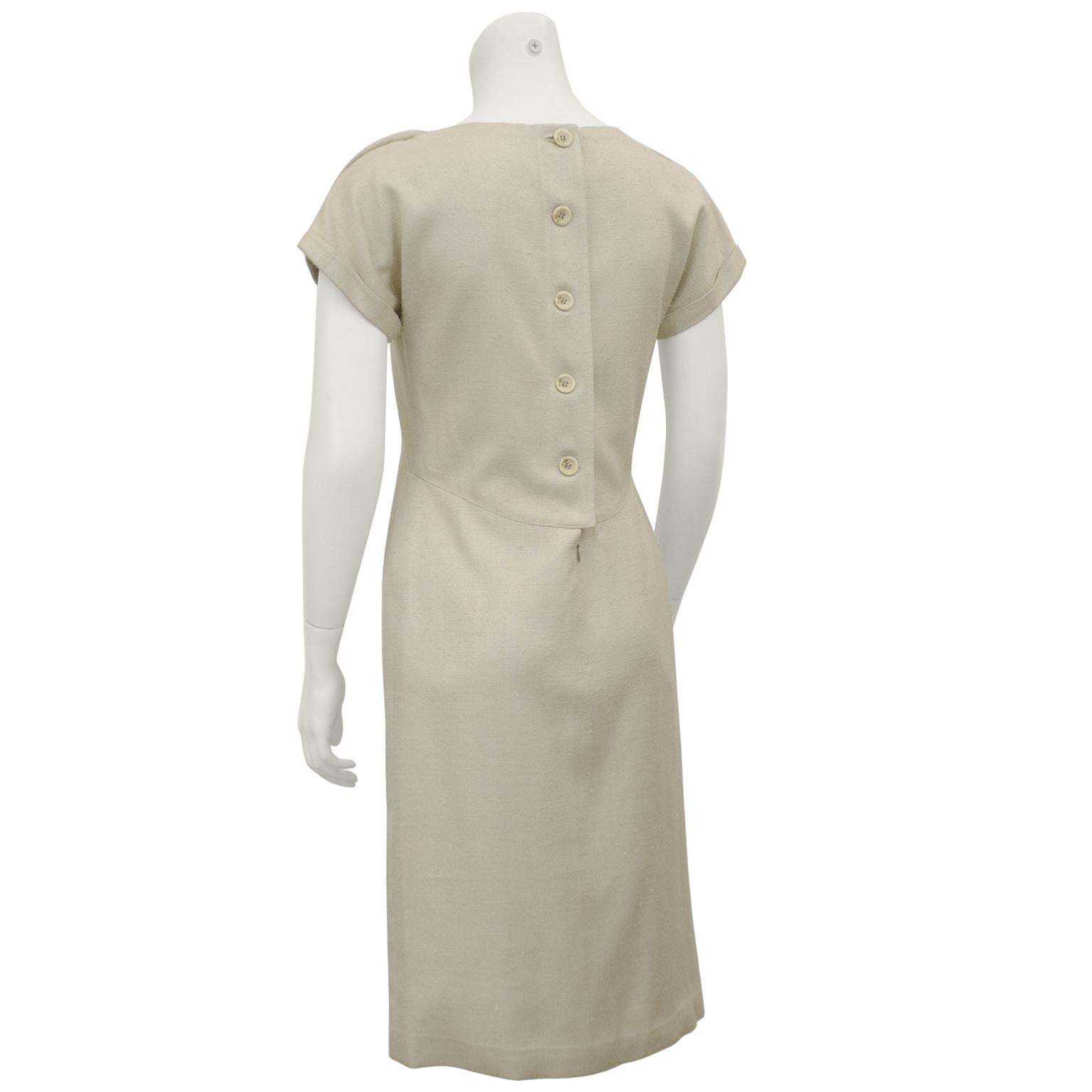 1970's Demi Couture Geoffrey Beene Beige Raw Silk Day Dress In Good Condition For Sale In Toronto, Ontario