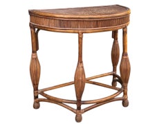 1970's Demilune Bamboo and Rattan Hall Table