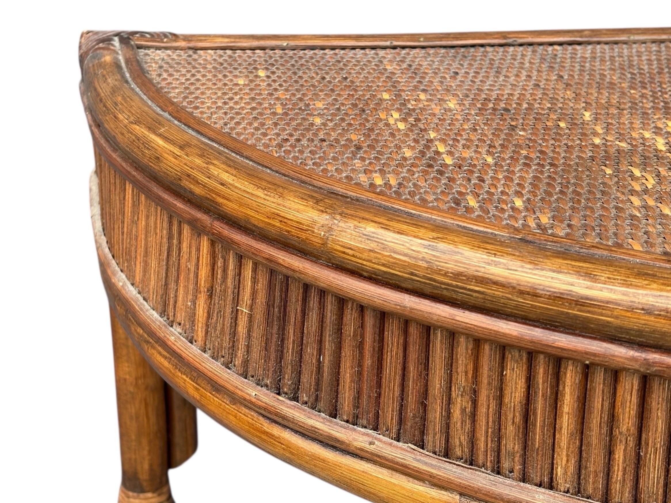 Modern 1970's Demilune Bamboo and Rattan Hall Table For Sale