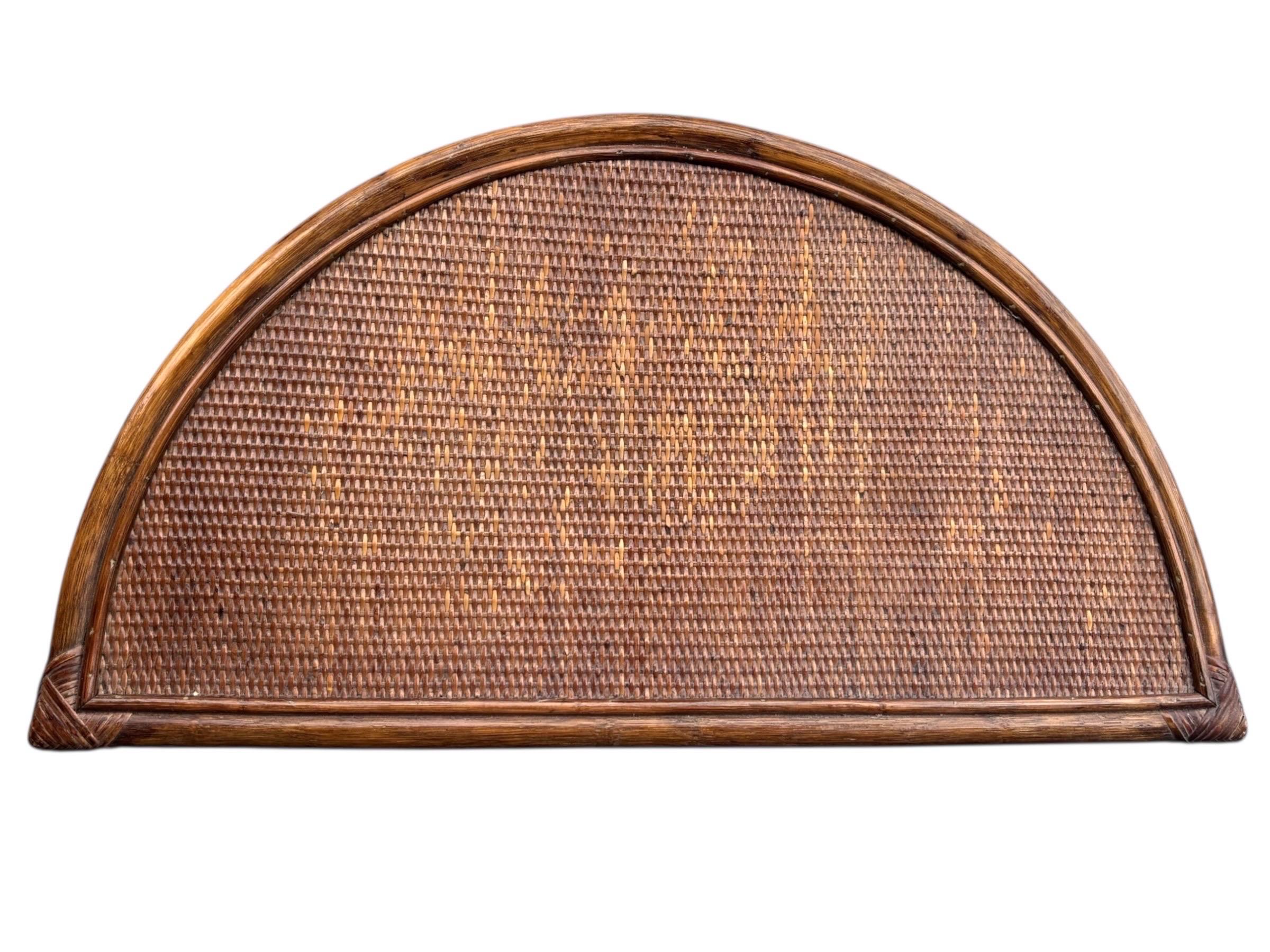 Woven 1970's Demilune Bamboo and Rattan Hall Table For Sale