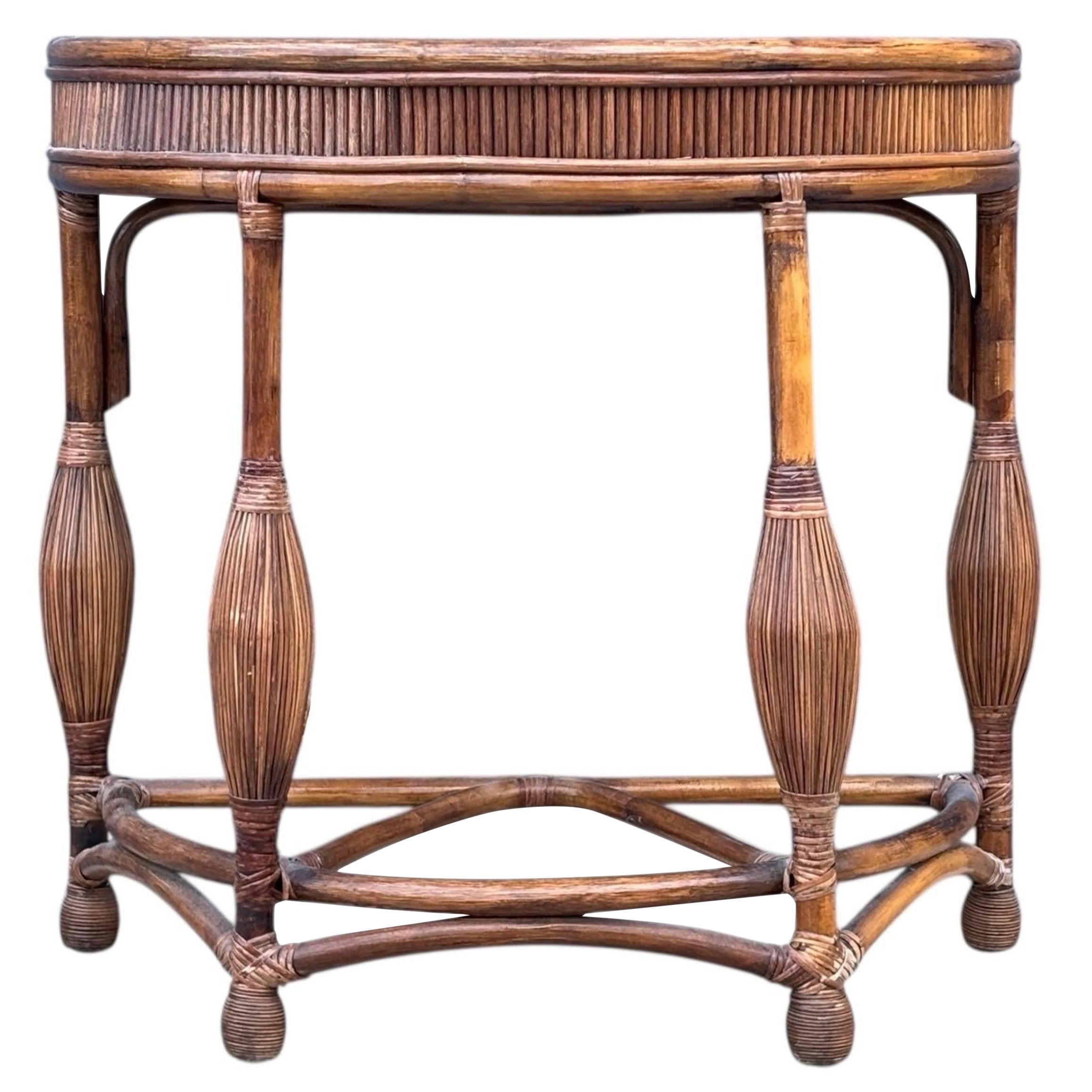 1970
s Demilune Bamboo and Rattan Hall Table For Sale