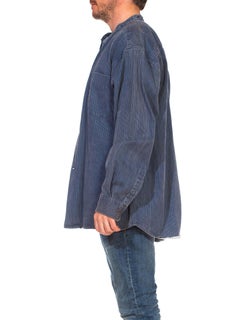 1970S Denim Blue & Black Striped Cotton Flannel Banded Collar Men's European Wo