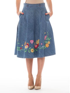 1970S Blue Cotton Denim Folk Floral Embroidered A-Line Jean Skirt From Europe
