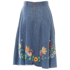 Vintage 1970S Blue Cotton Denim Folk Floral Embroidered A-Line Jean Skirt From Europe