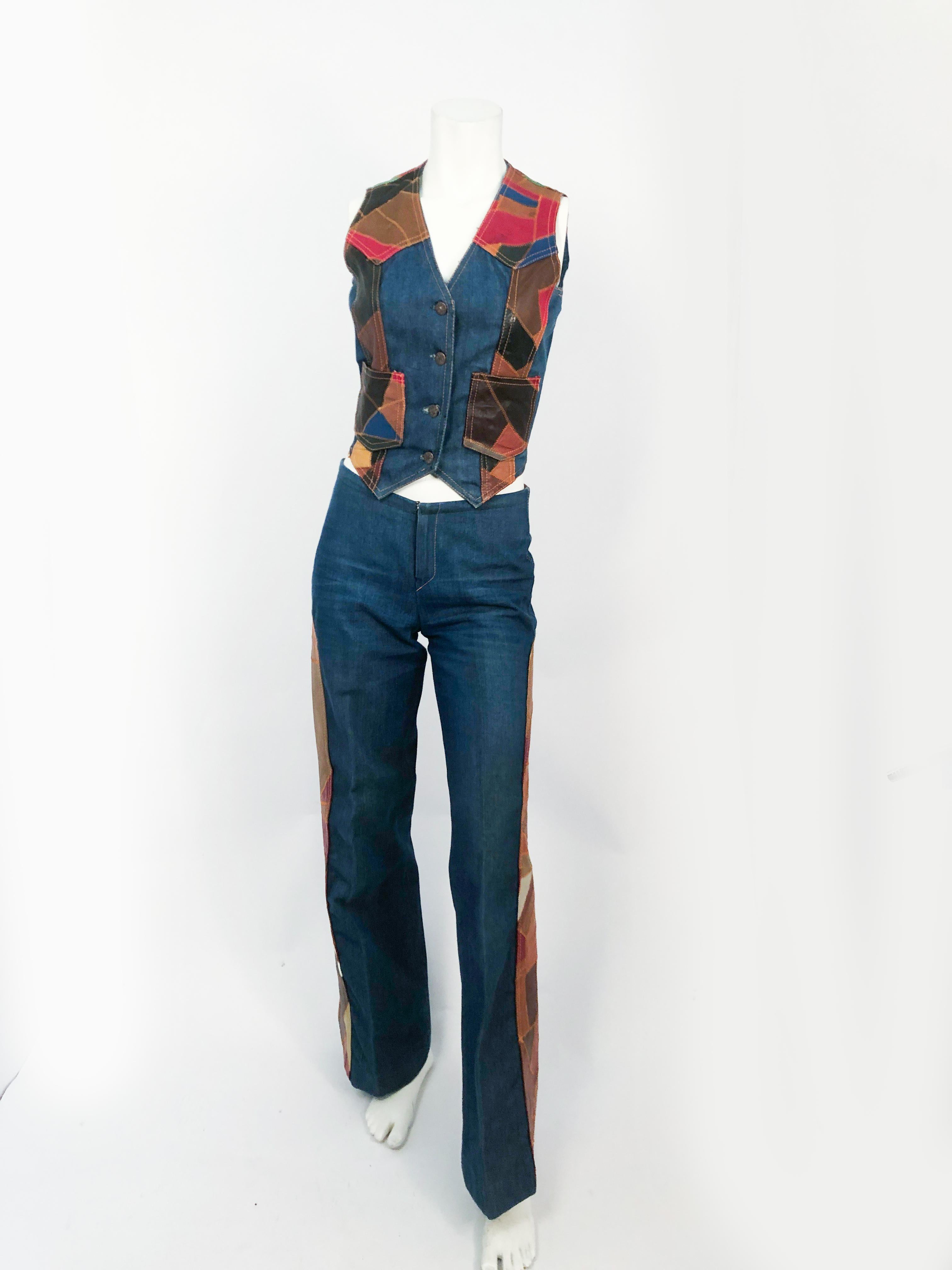 1970s Denim Set (vest and jeans) Featuring Multicolored Patch Work panels along the face of the vest and the side of the flared pant legs.