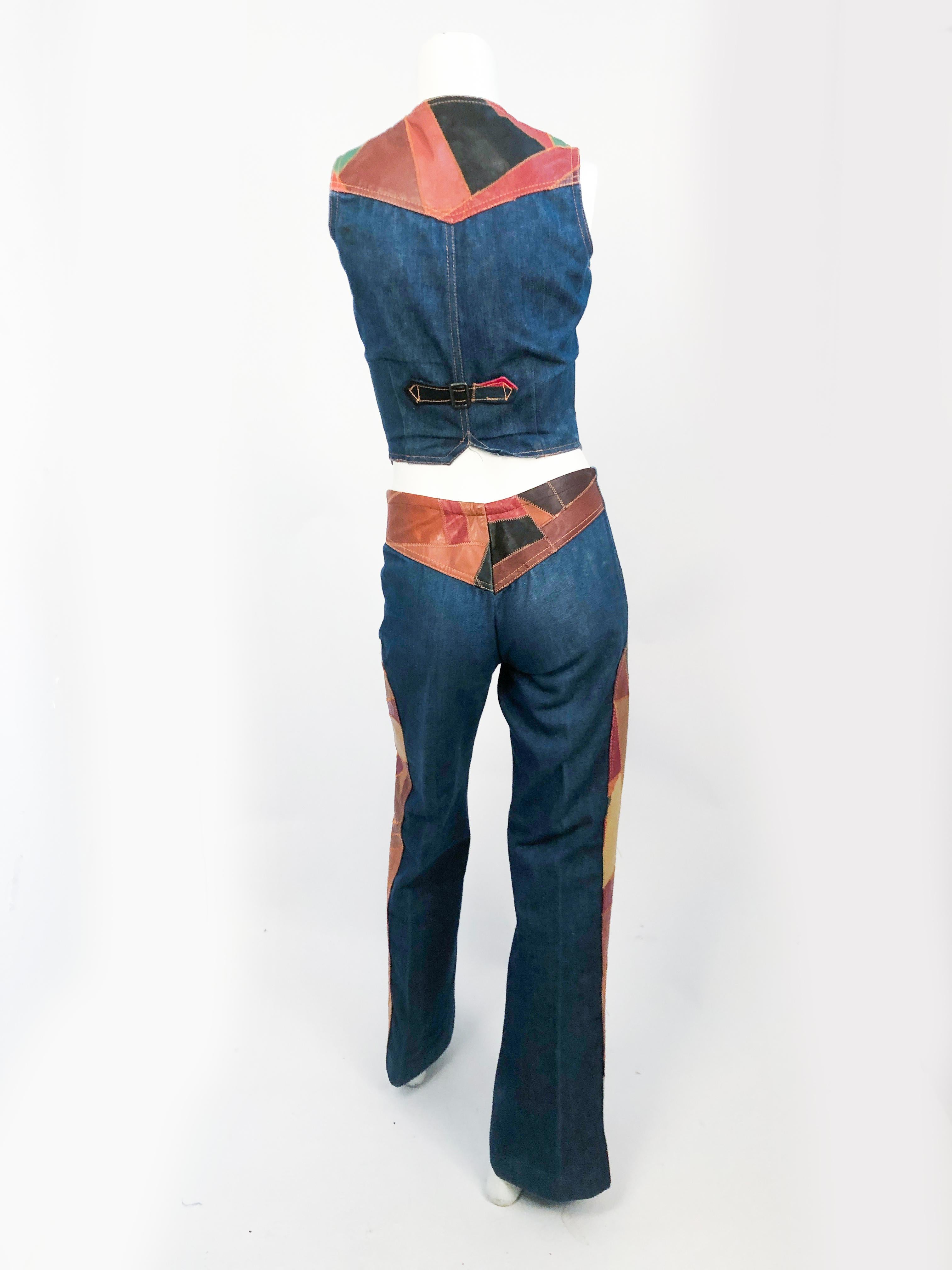 1970s Denim Set Featuring Multicolored Patch Work In Good Condition In San Francisco, CA