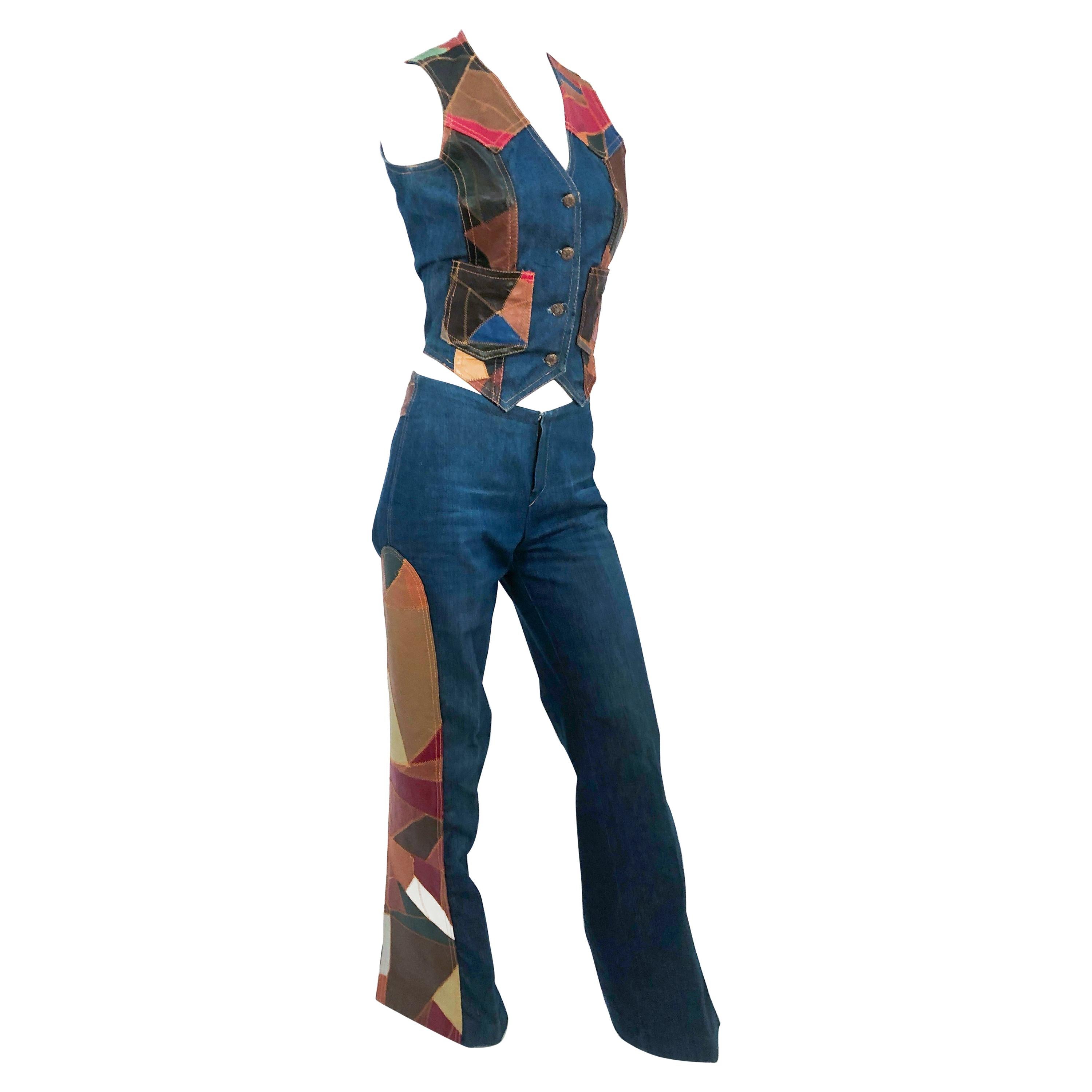 1970s Denim Set Featuring Multicolored Patch Work