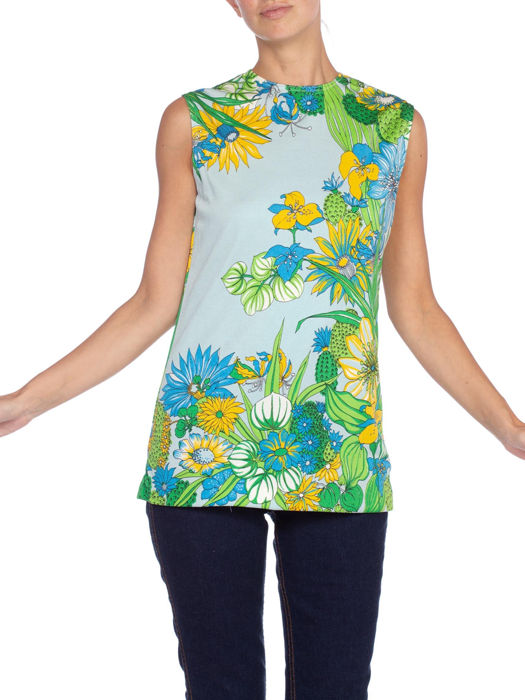 1970'S Blue & Green Polyester Jersey Desert Tropical Floral Print Top In Excellent Condition In New York, NY