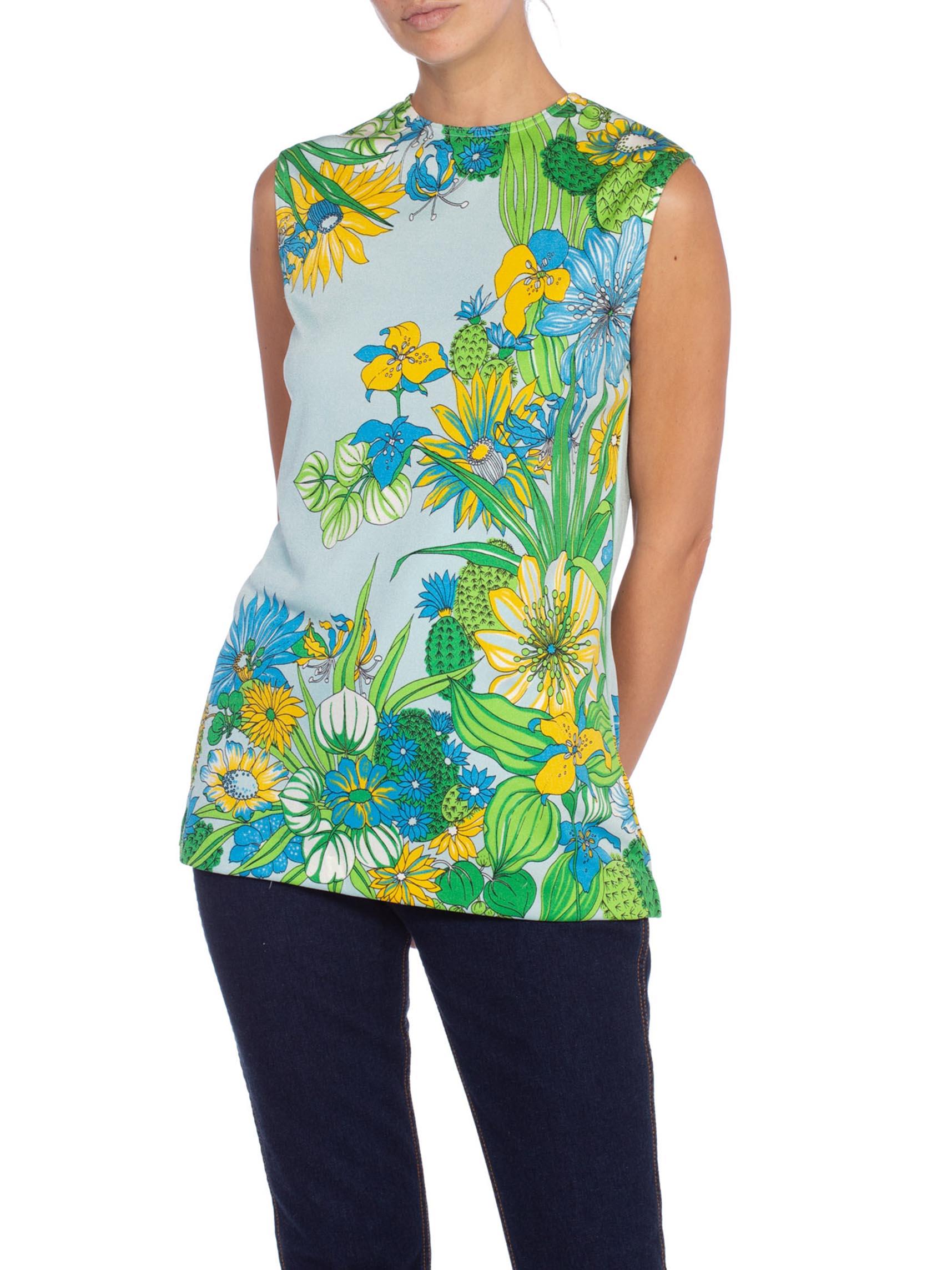 Women's 1970'S Blue & Green Polyester Jersey Desert Tropical Floral Print Top