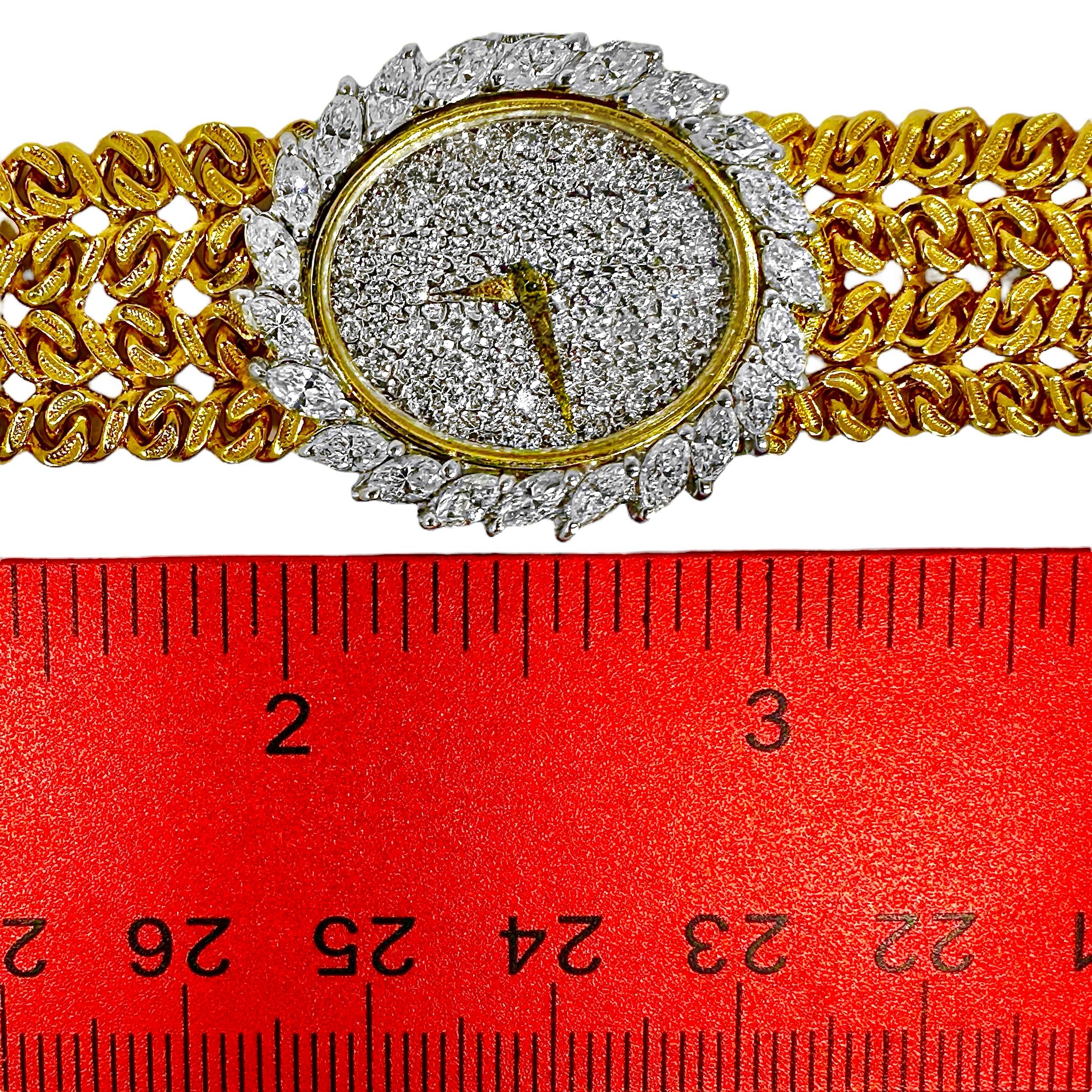 Montre de cocktail pour femmes des années 1970 en or jaune 18 carats et diamants pavés en vente 5