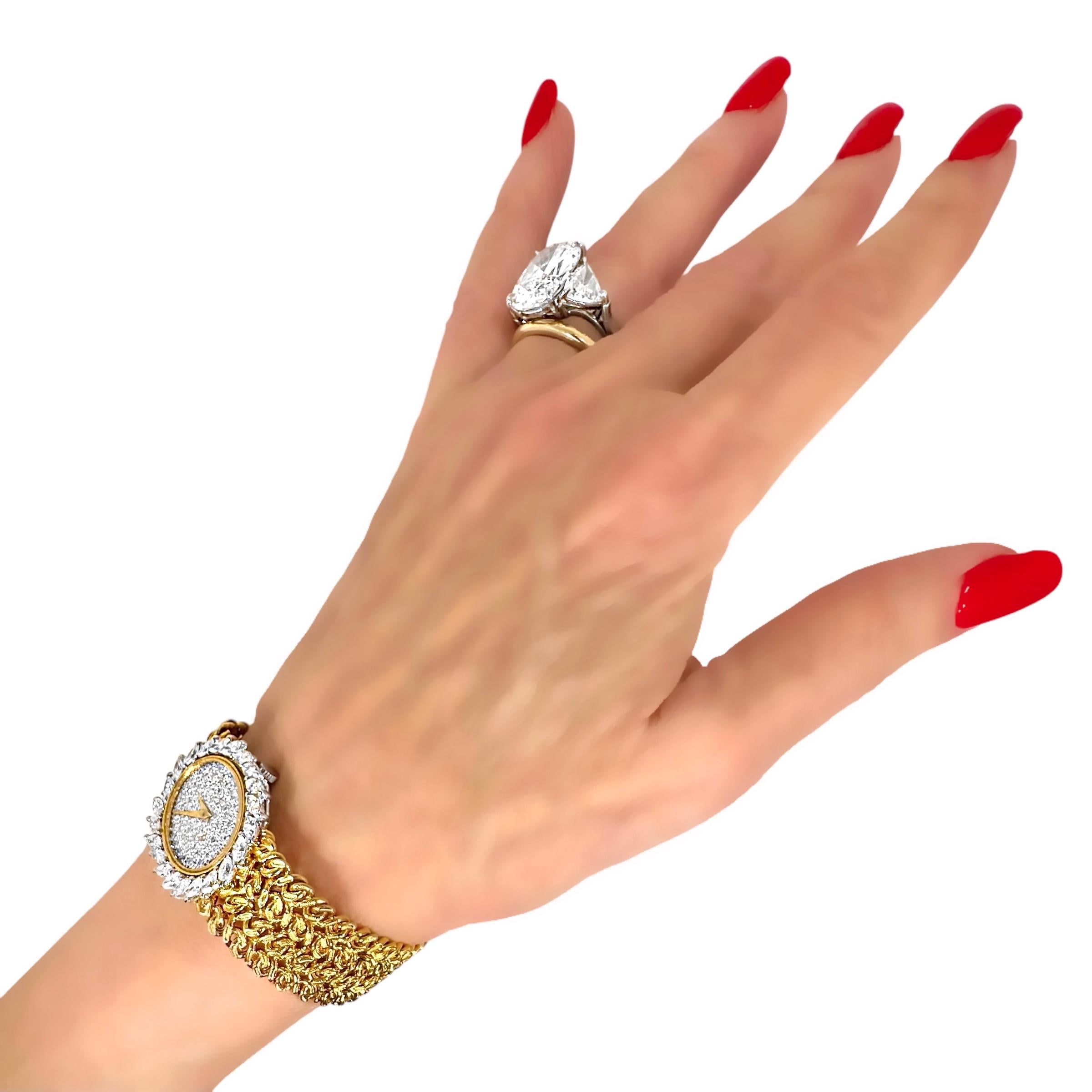 Montre de cocktail pour femmes des années 1970 en or jaune 18 carats et diamants pavés en vente 8
