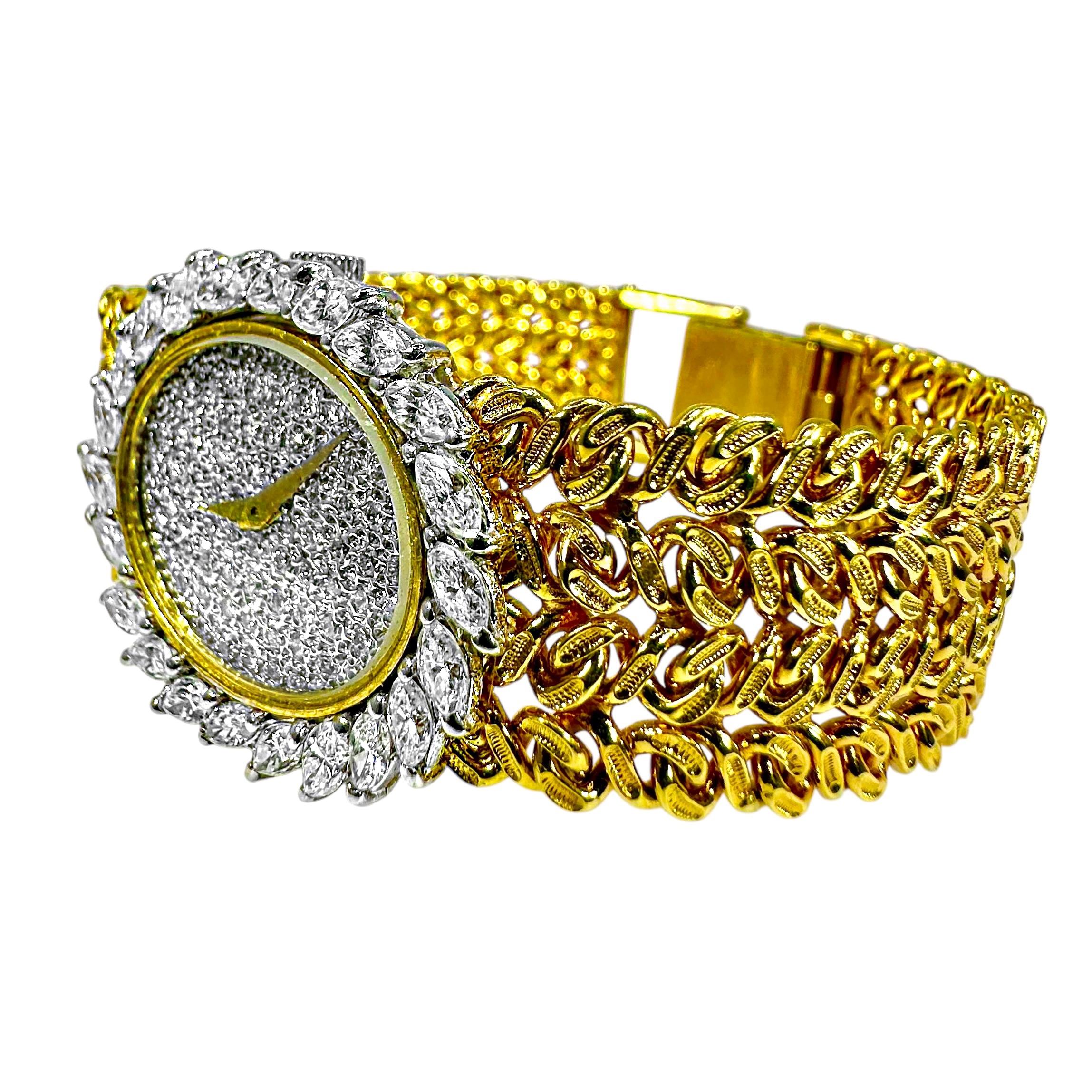 Taille brillant Montre de cocktail pour femmes des années 1970 en or jaune 18 carats et diamants pavés en vente