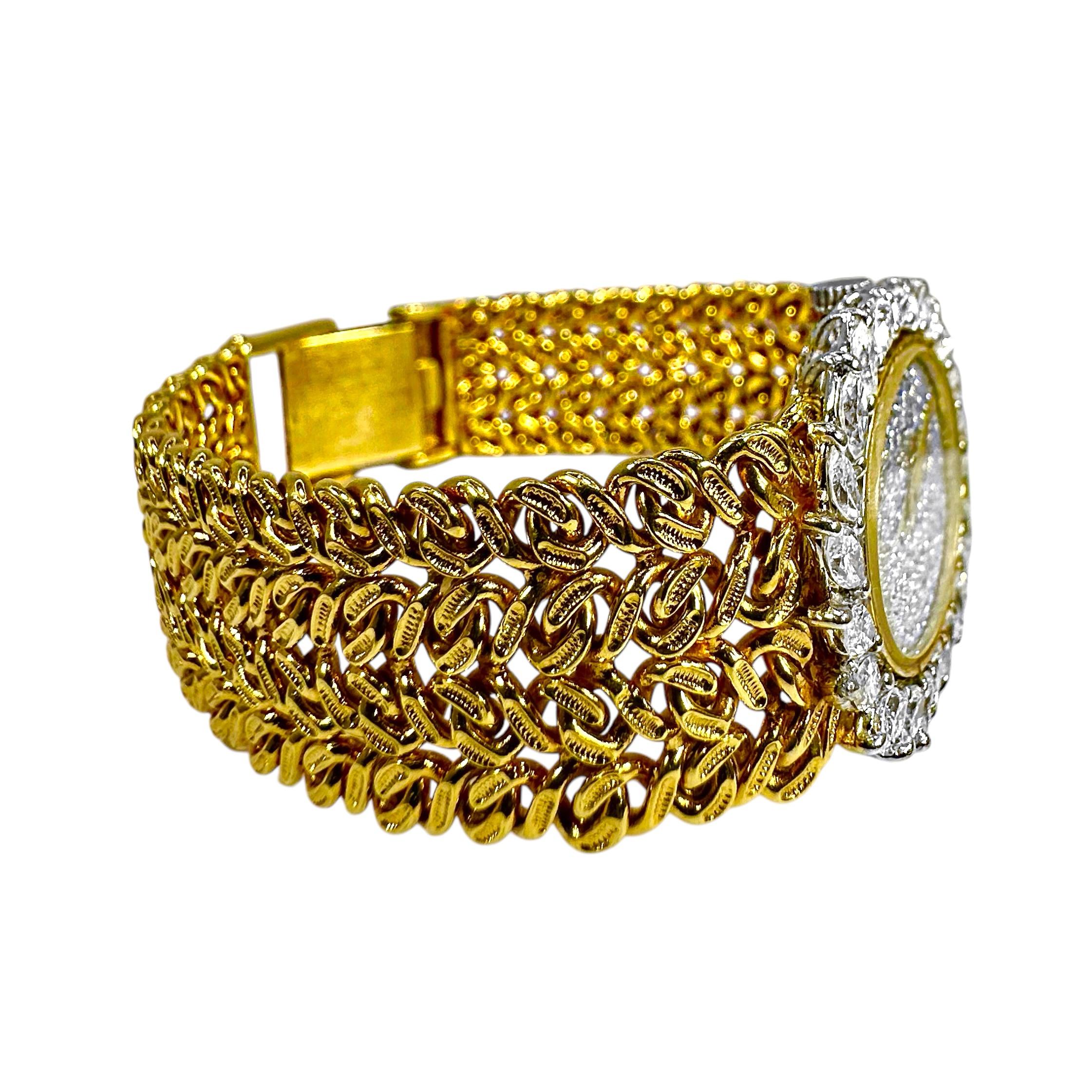 Montre de cocktail pour femmes des années 1970 en or jaune 18 carats et diamants pavés en vente 2