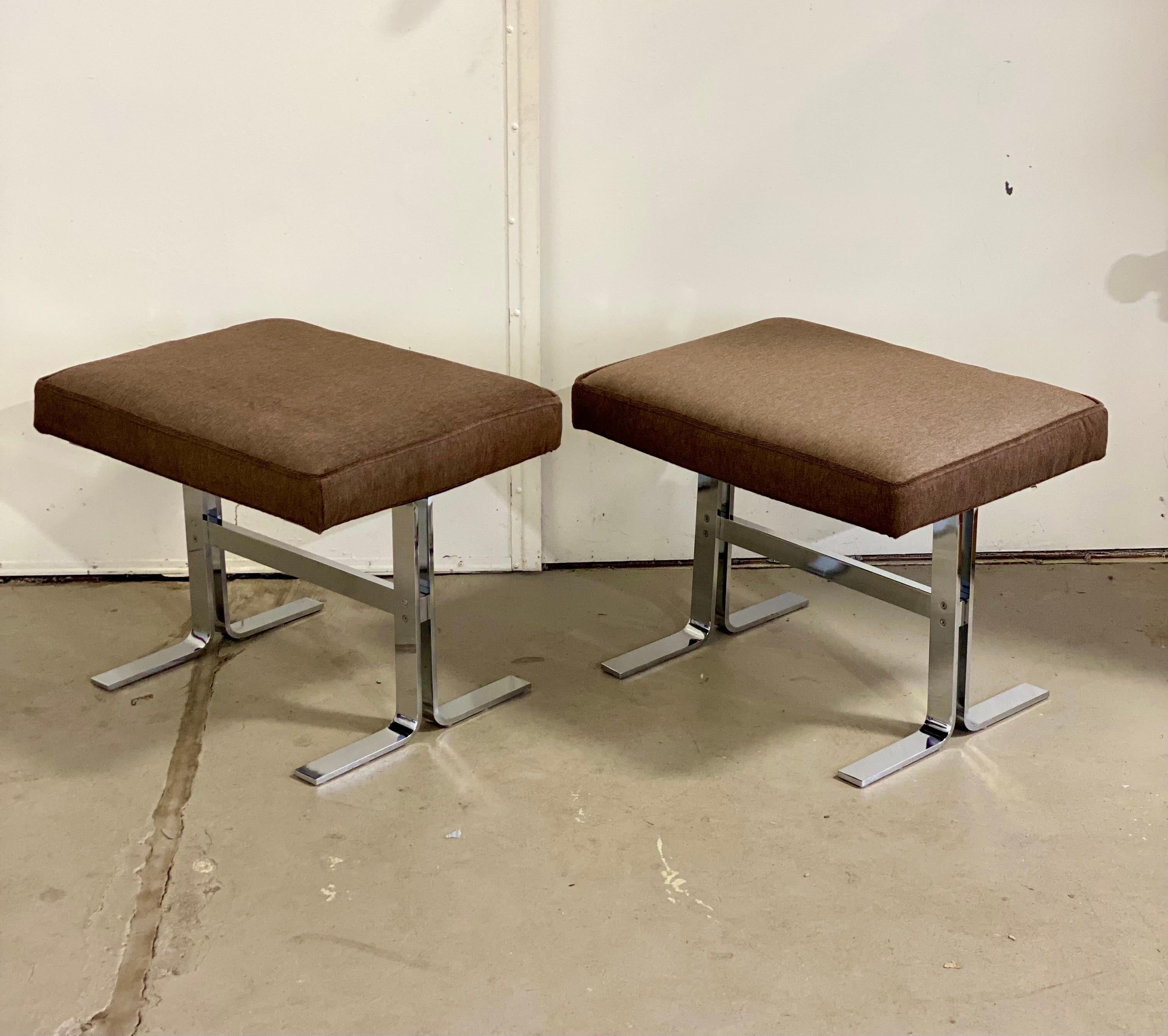 Modern 1970s Design Institute of America Chrome and Brown Mohair Ottomans, a Pair For Sale