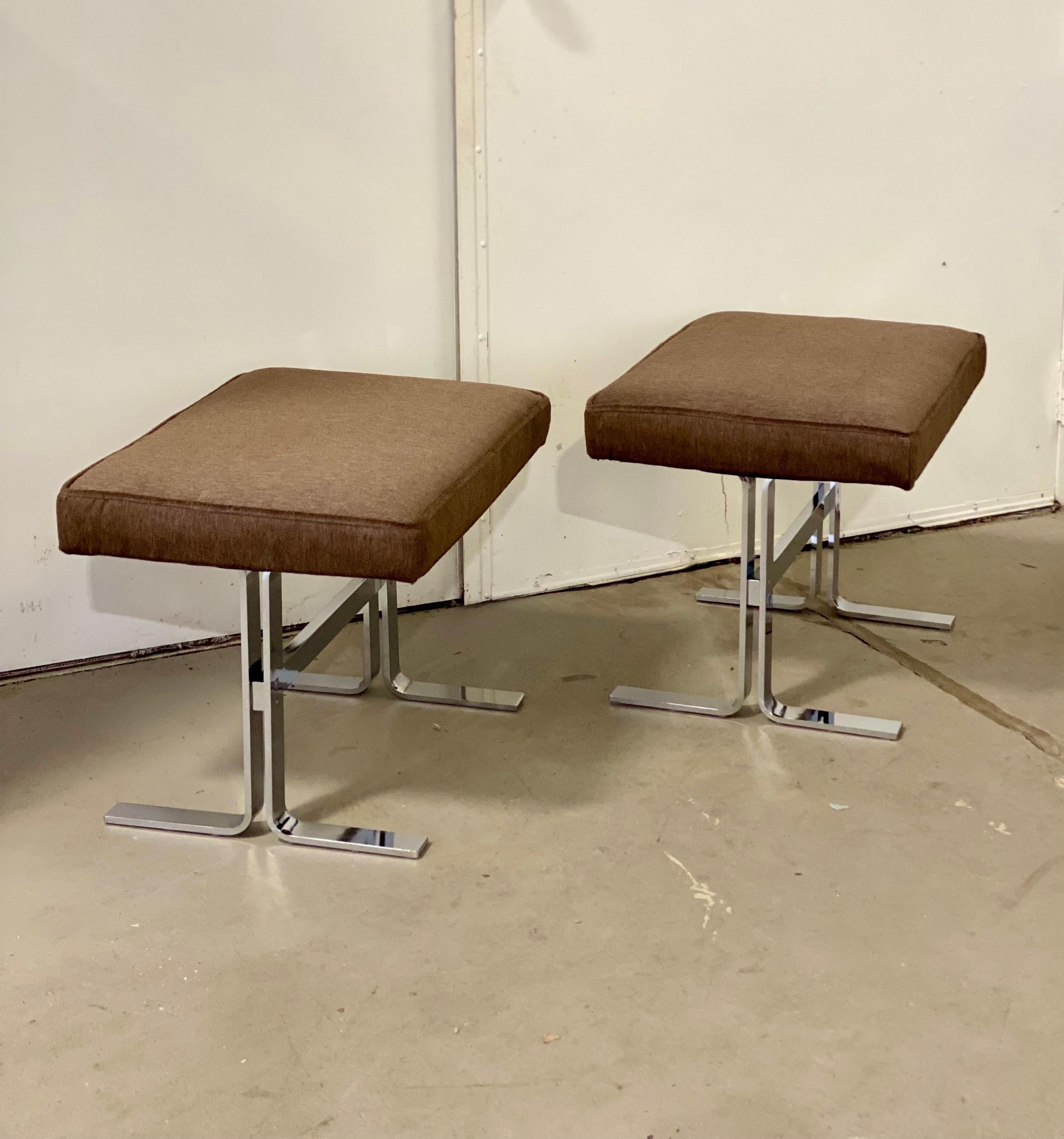 American 1970s Design Institute of America Chrome and Brown Mohair Ottomans, a Pair For Sale