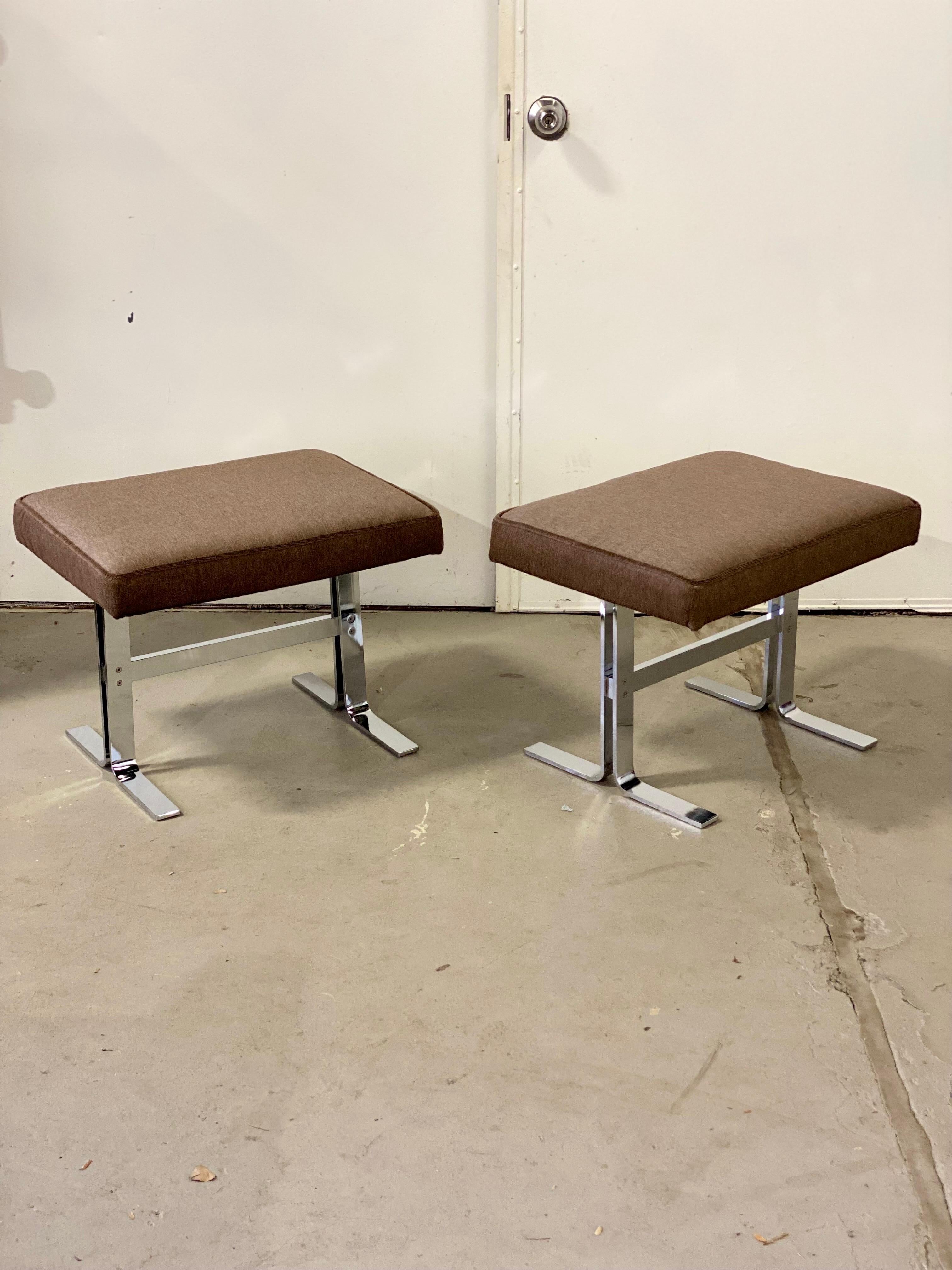 Late 20th Century 1970s Design Institute of America Chrome and Brown Mohair Ottomans, a Pair For Sale