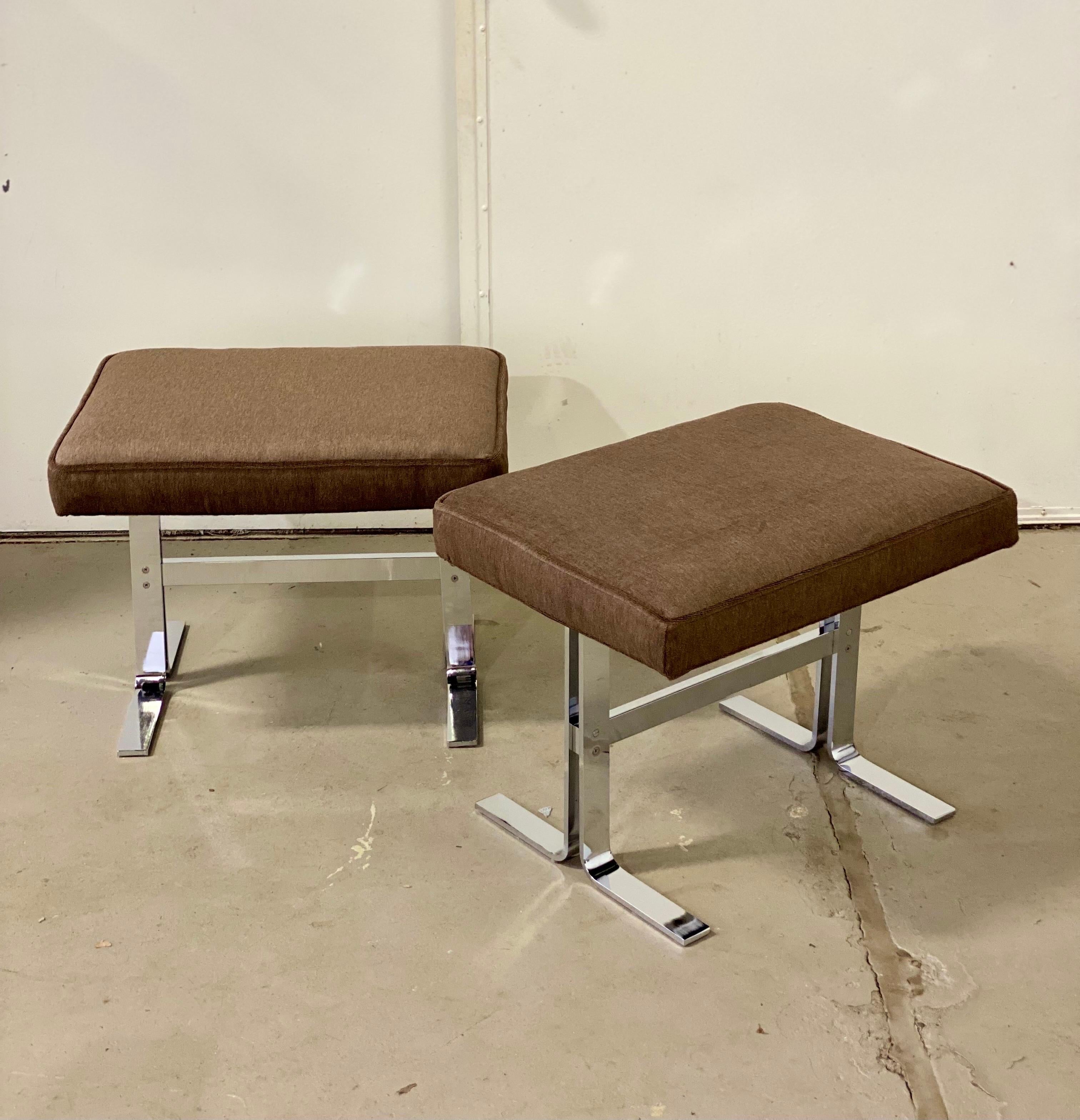 1970s Design Institute of America Chrome and Brown Mohair Ottomans, a Pair For Sale 1