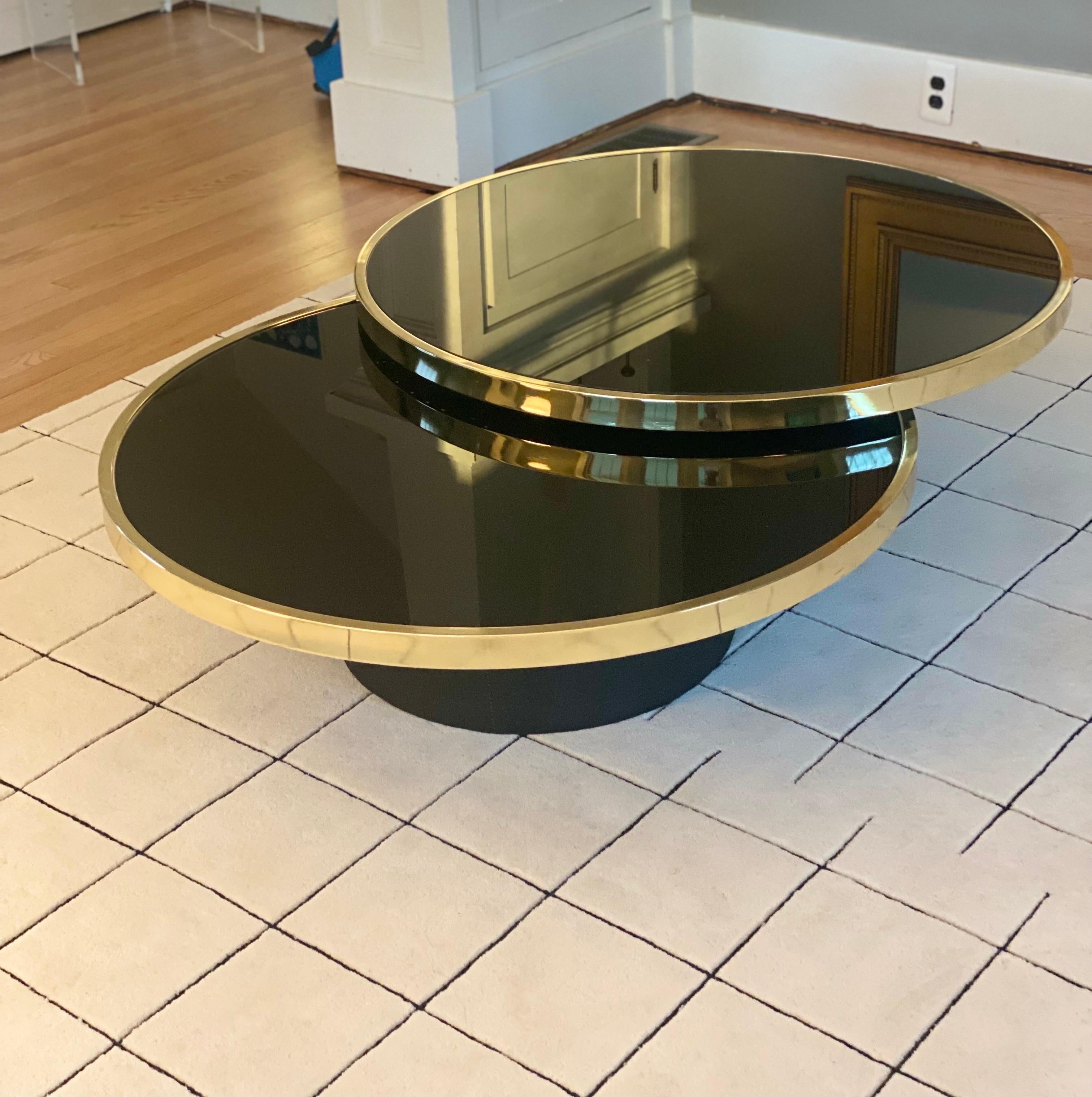 Late 20th Century 1970s Design Institute of America Swivel Black Glass & Brass Coffee Table For Sale