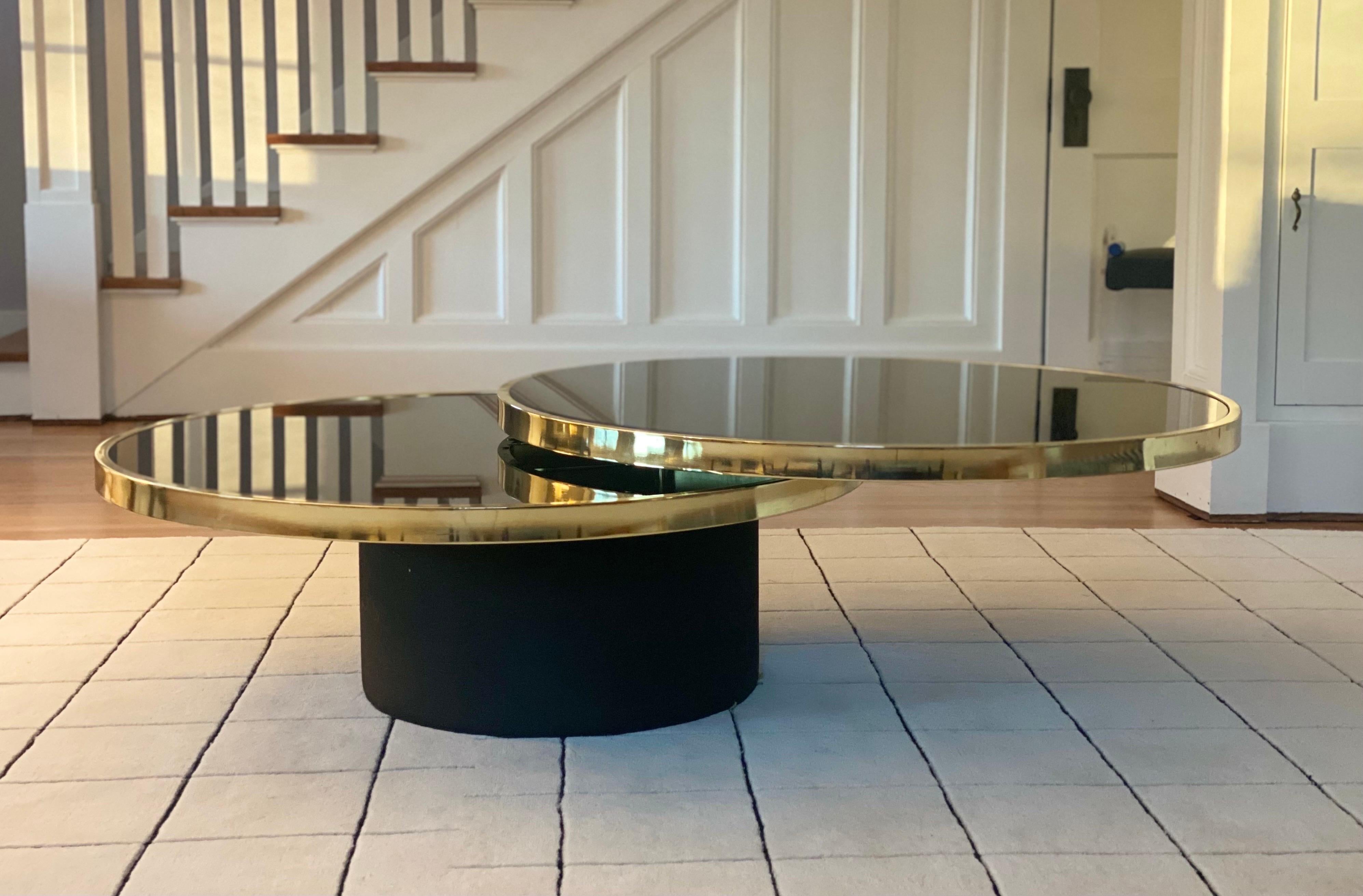 1970s Design Institute of America Swivel Black Glass & Brass Coffee Table For Sale 1