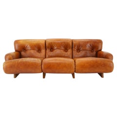 1970s Design Italian 3-Seater Sofa in Wood and Cognac Leather
