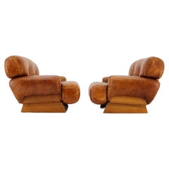 1970s Design Italian Armchairs in Wood and Cognac Leather