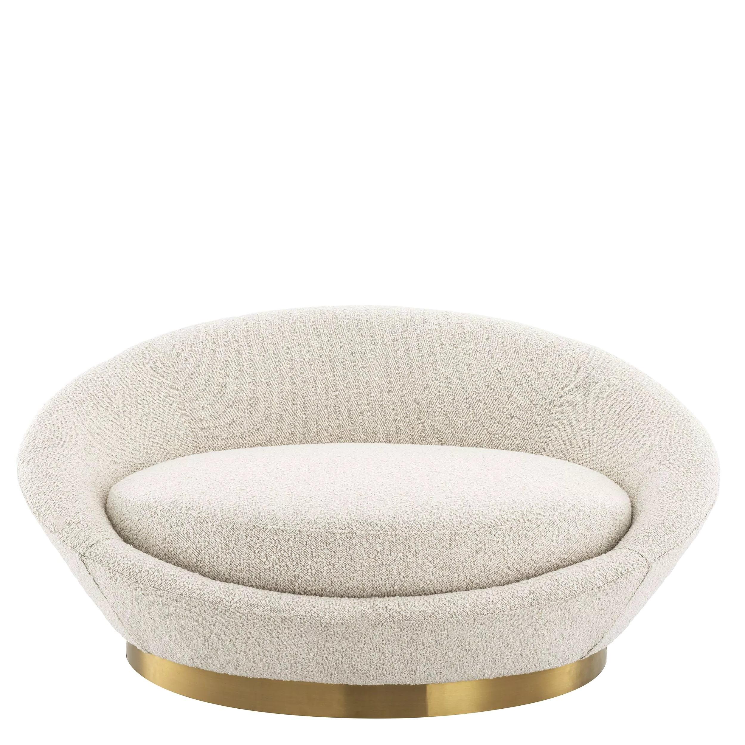 1970s Design style welcoming and round shaped large armchair or sofa in bouclé fabric and brass finishes base.