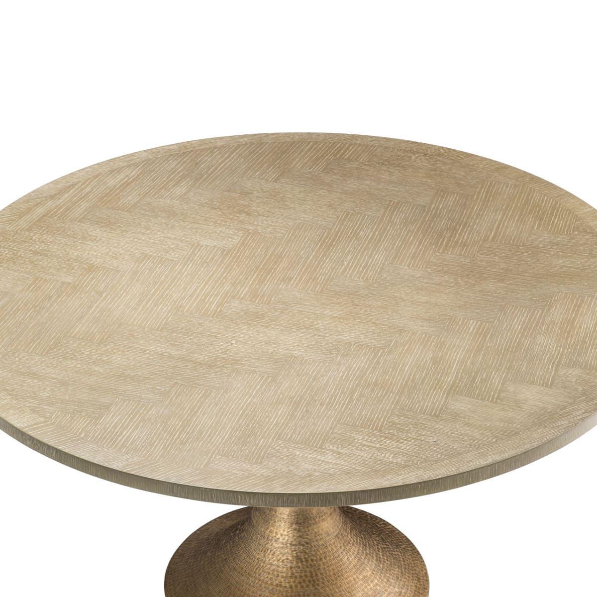 1970s design style round pedestal dining table with brushed brass base and patina oak wooden tray.