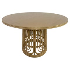 1970s Design Style Round Rattan Base Wooden Tray Dining Pedestal Fluted Table