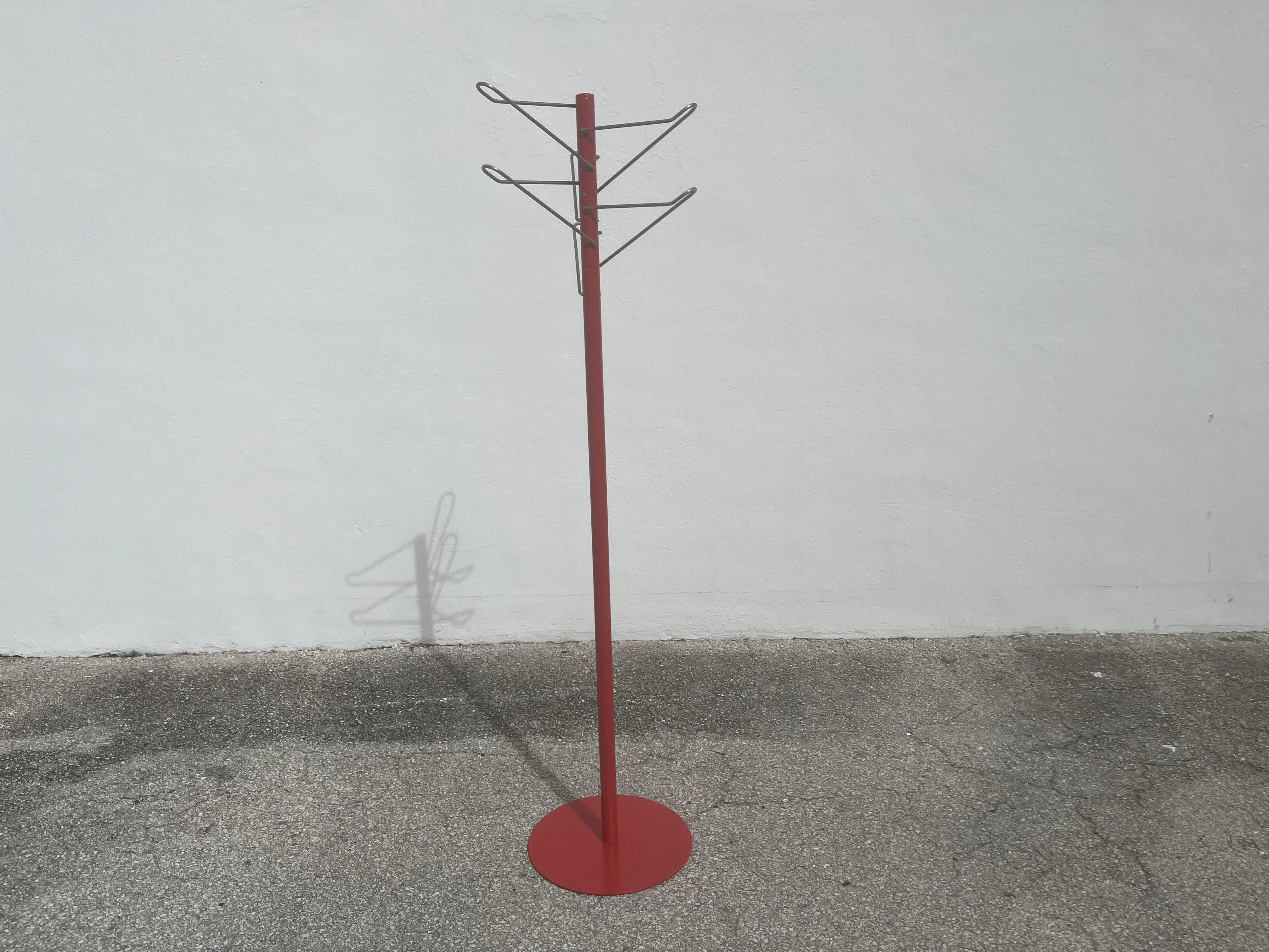 Designer Coat Rack from the 1970s, made in Italy. Painted red and chromed steel. Ready for a new home. 