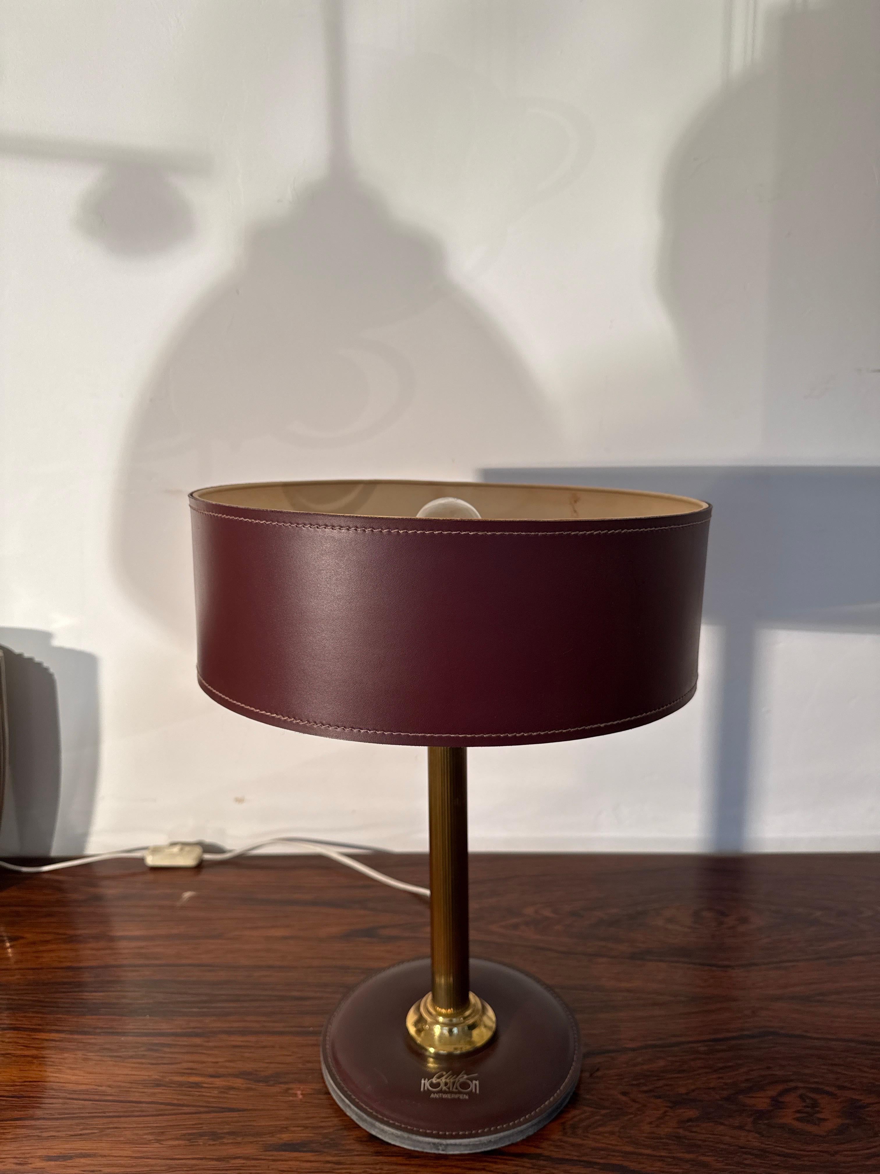 French 1970s Desk Lamp Red Leather and Brass attributed to Jaques Adnet, France For Sale