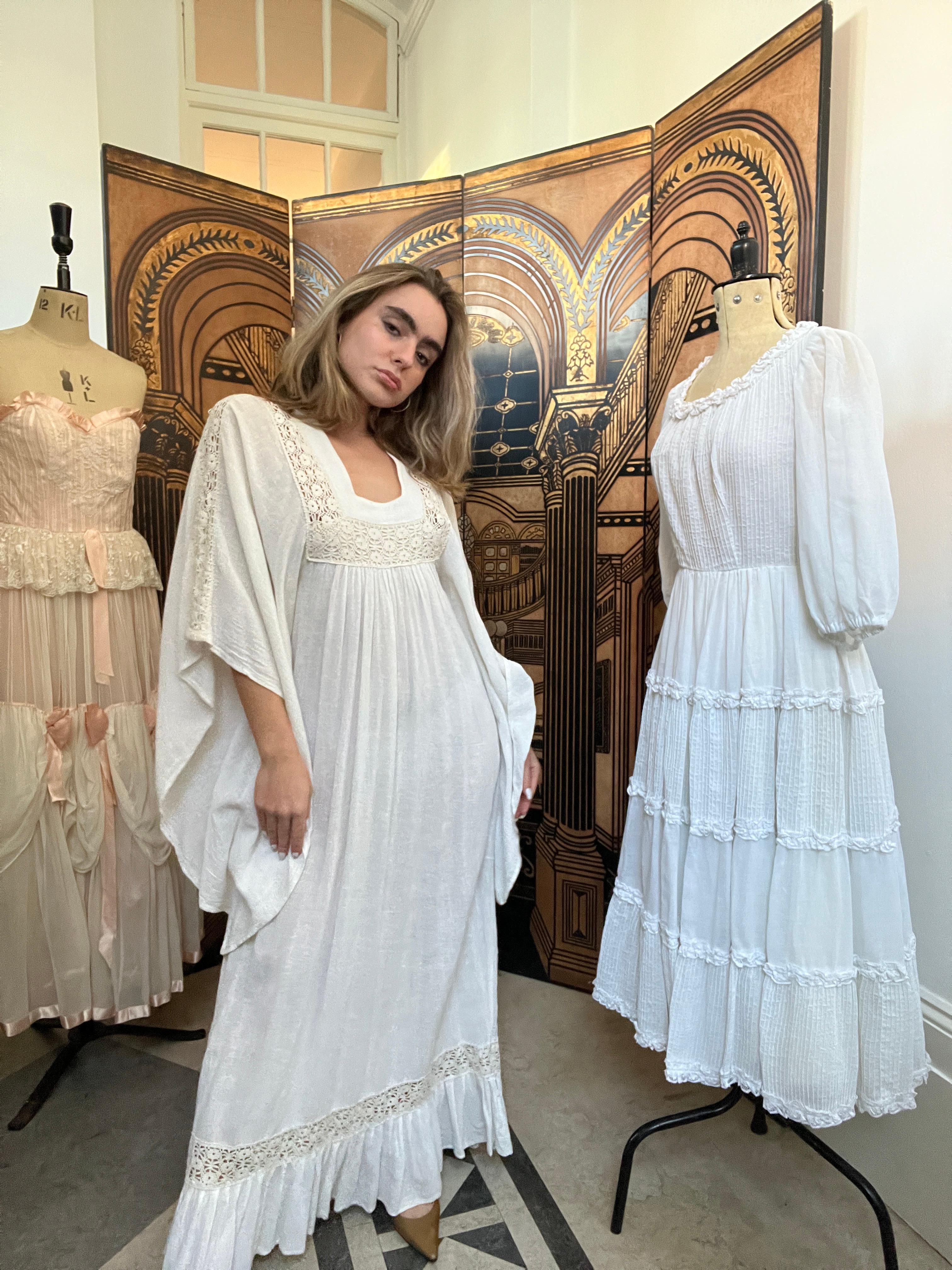 Women's 1970s Dew Styles White Cotton Angel-Sleeve Dress For Sale
