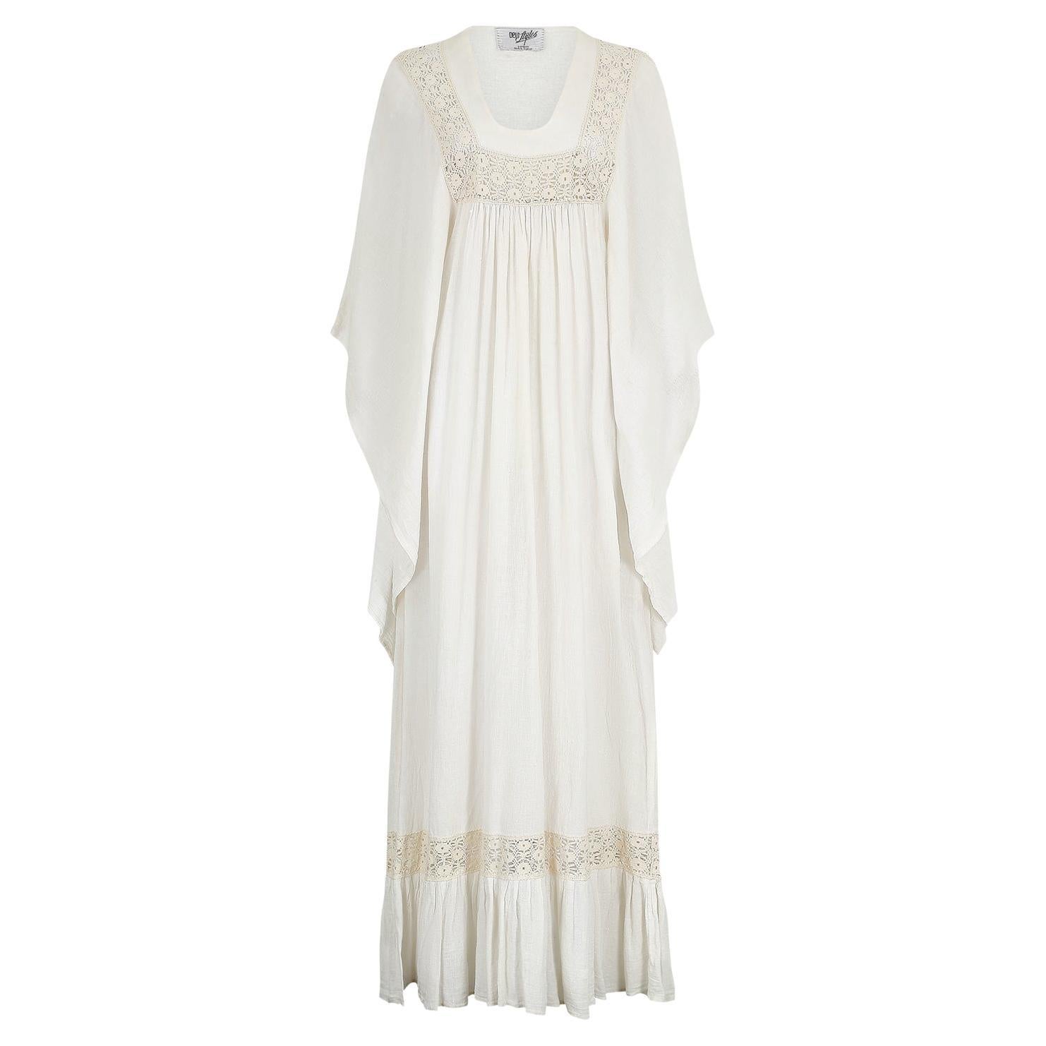 1970s Dew Styles White Cotton Angel-Sleeve Dress For Sale