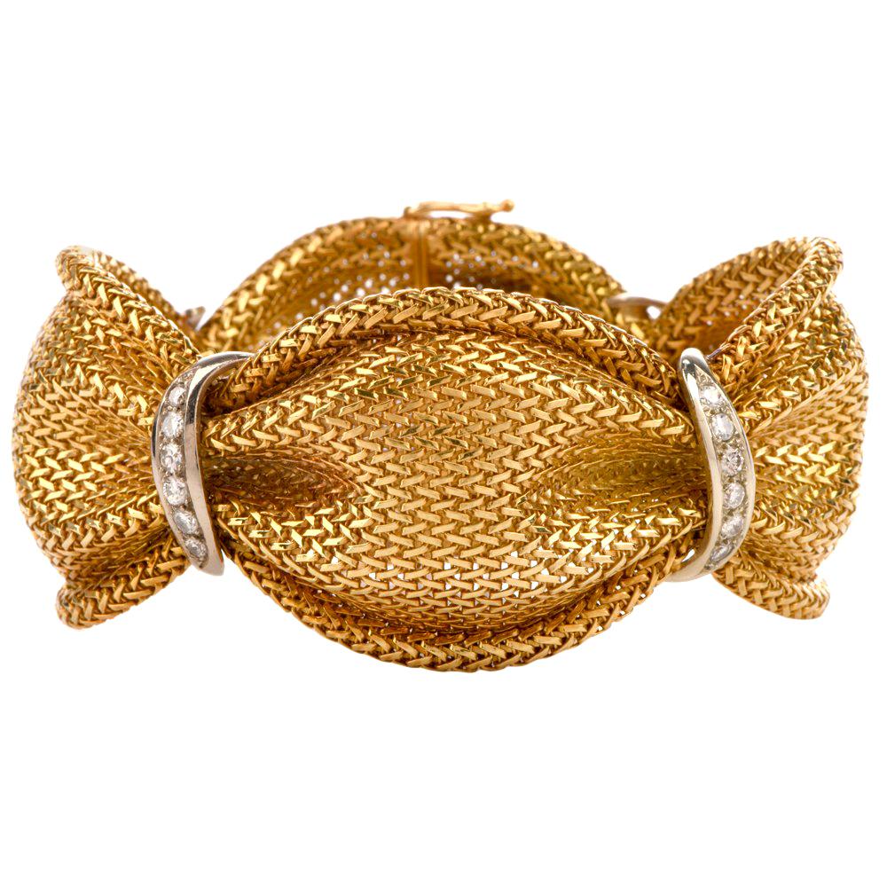 1970s Diamond 18 Karat Braided Yellow Gold Flexible Wide Bracelet