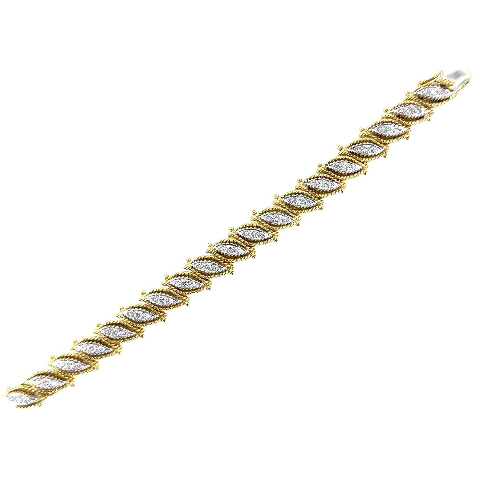 Modern 1970's Diamond 18 Karat Two Tone Gold Slanted Link Vintage Bracelet For Sale
