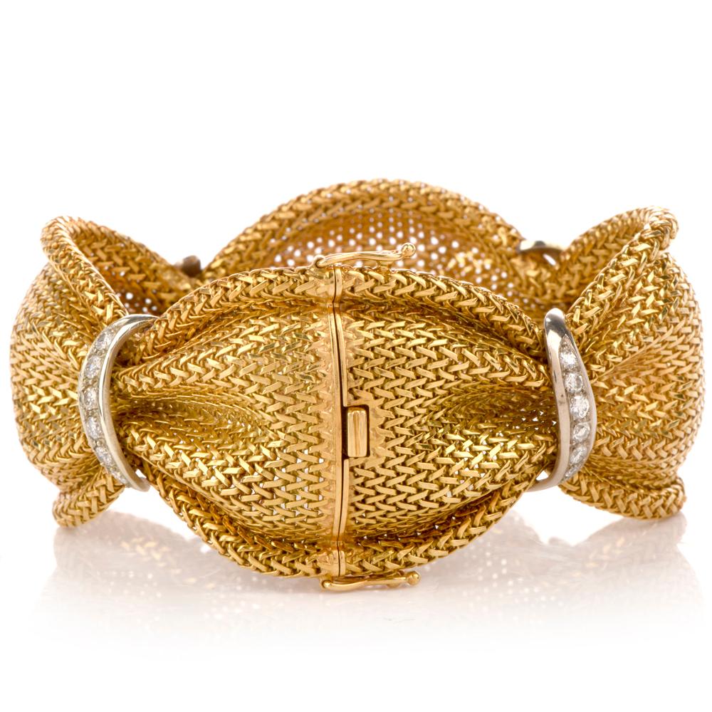 1970s Diamond 18 Karat Braided Yellow Gold Flexible Wide Bracelet In Excellent Condition In Miami, FL
