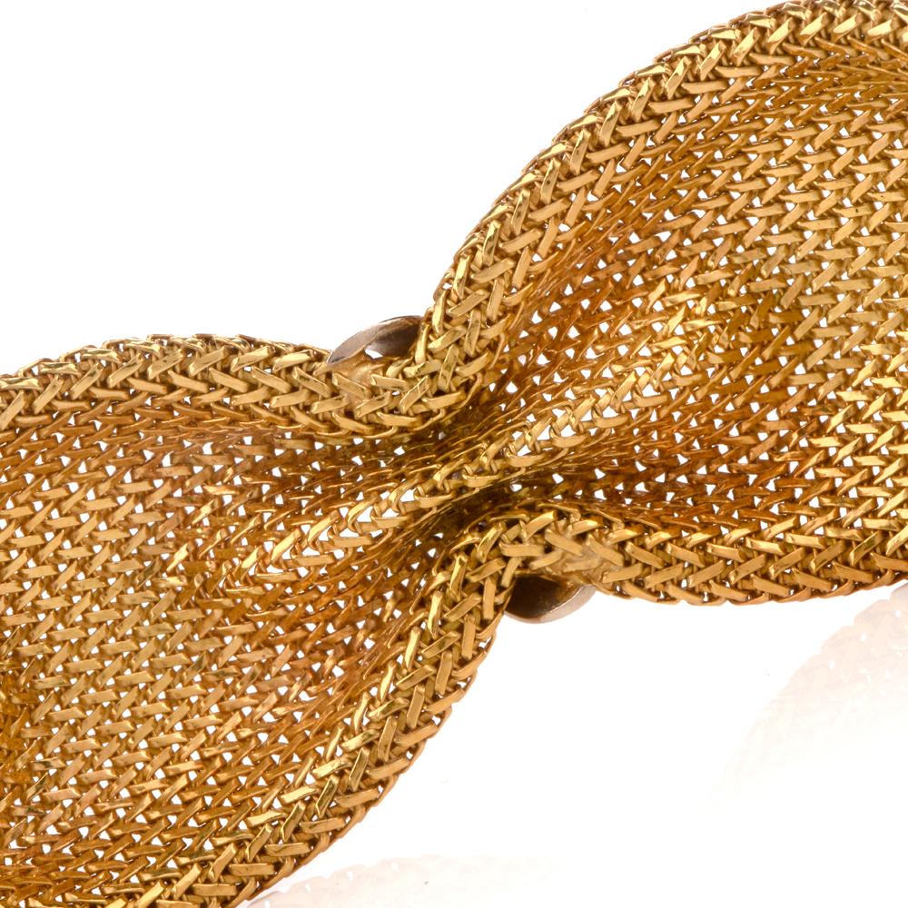 1970s Diamond 18 Karat Braided Yellow Gold Flexible Wide Bracelet 1