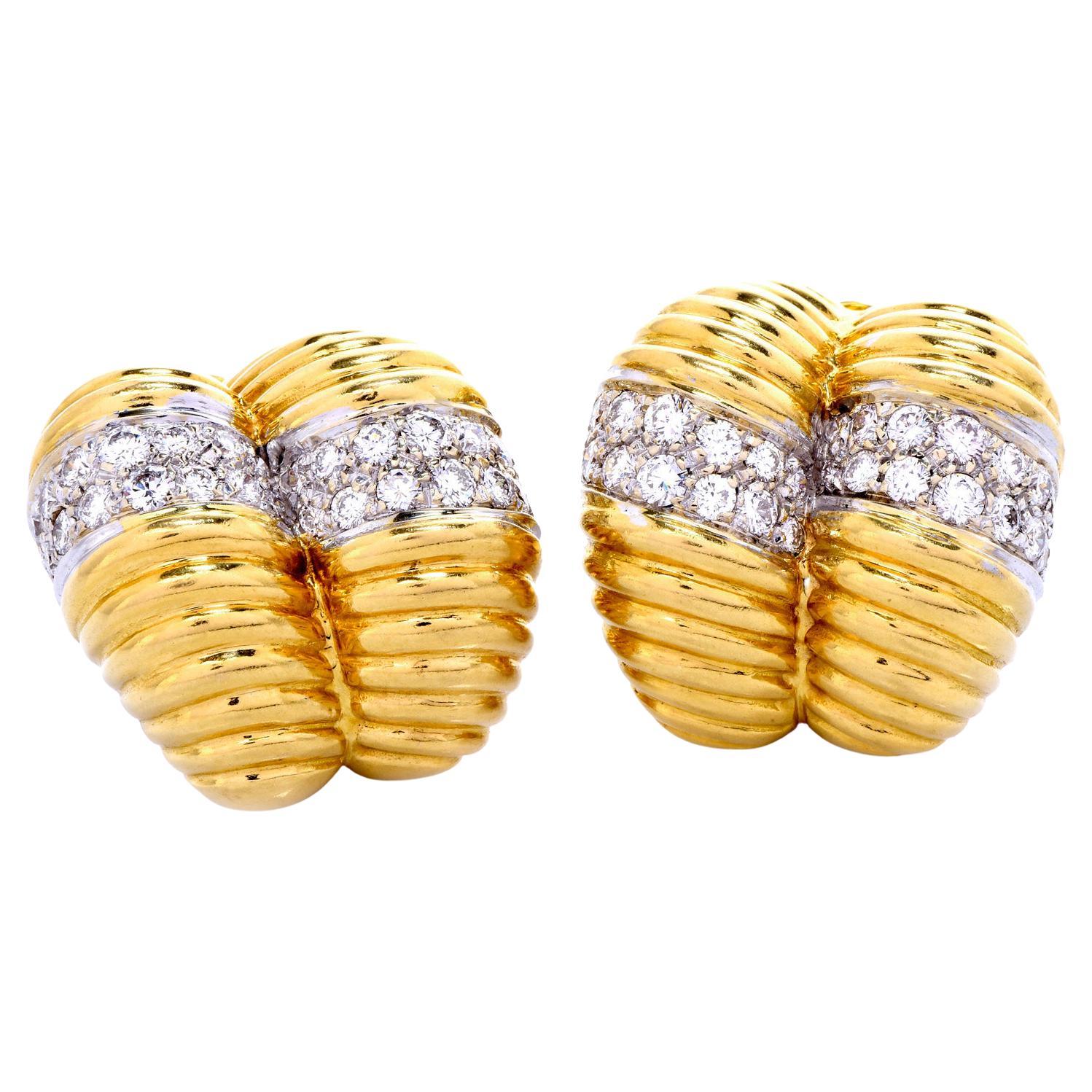 1970's Diamond 18K Gold Double Shrimp Hoop Earrings