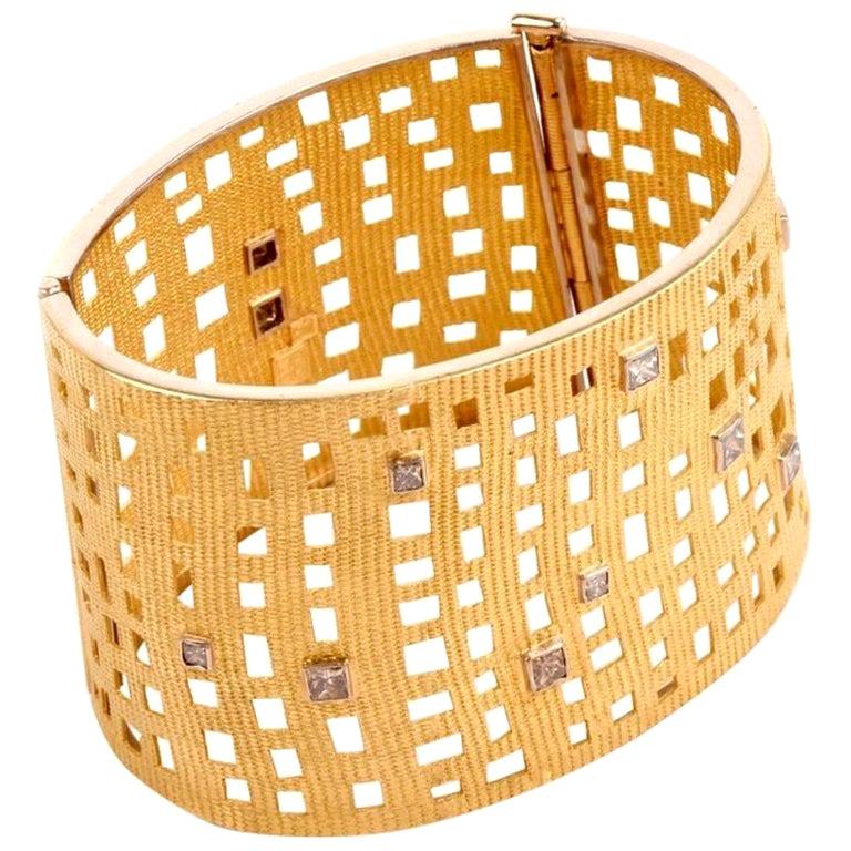 1970s Diamond 18 Karat Yellow Gold Wide Openwork Cuff Bracelet